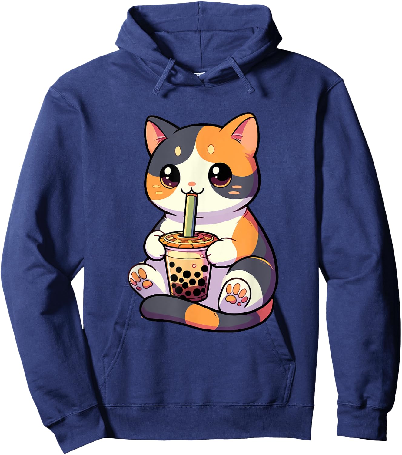 Cat Drinking Boba Feline Japanese Pet Kawaii Boba Calico Cat Women Hoodie - Hoodie | Navy