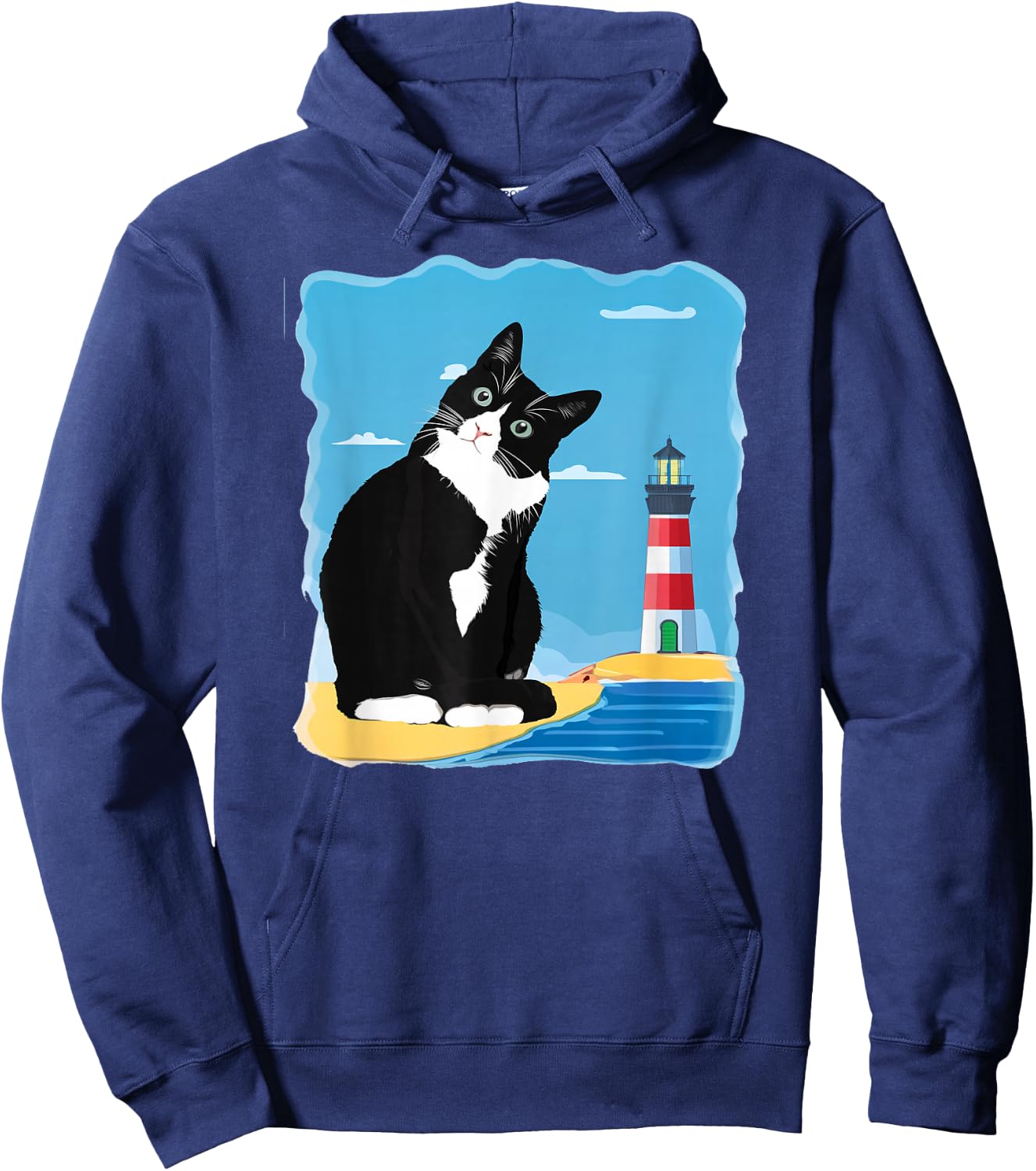 Tuxedo Cat Lighthouse Day Ocean Beach Summer Men Women Girls Kids Hoodie - Hoodie | Navy