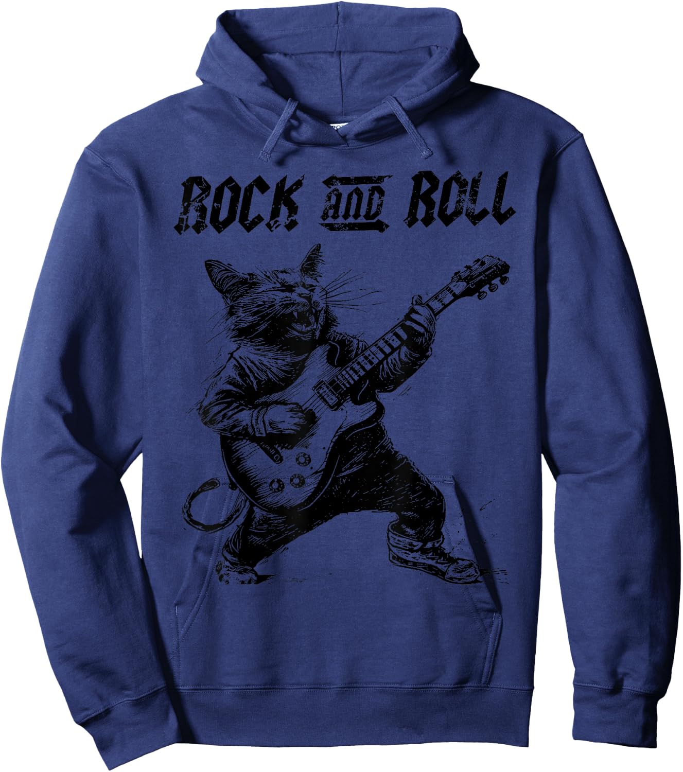 Rock and Roll Guitar Cat Vintage ROCK Guitarist Cat Men Women Girls Kids Hoodie - Hoodie | Navy