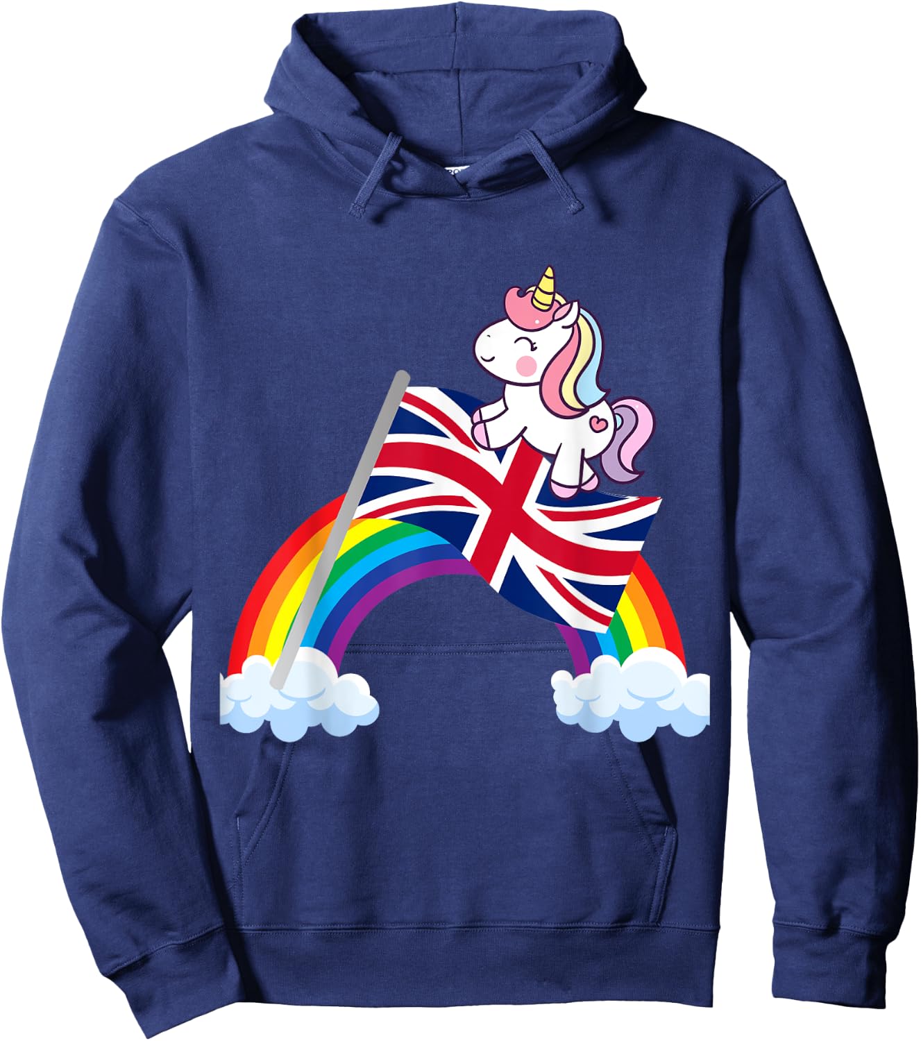 Unicorn Riding British UK Flag Boys Girls Women Kids Rainbow Hoodie - Hoodie | Navy