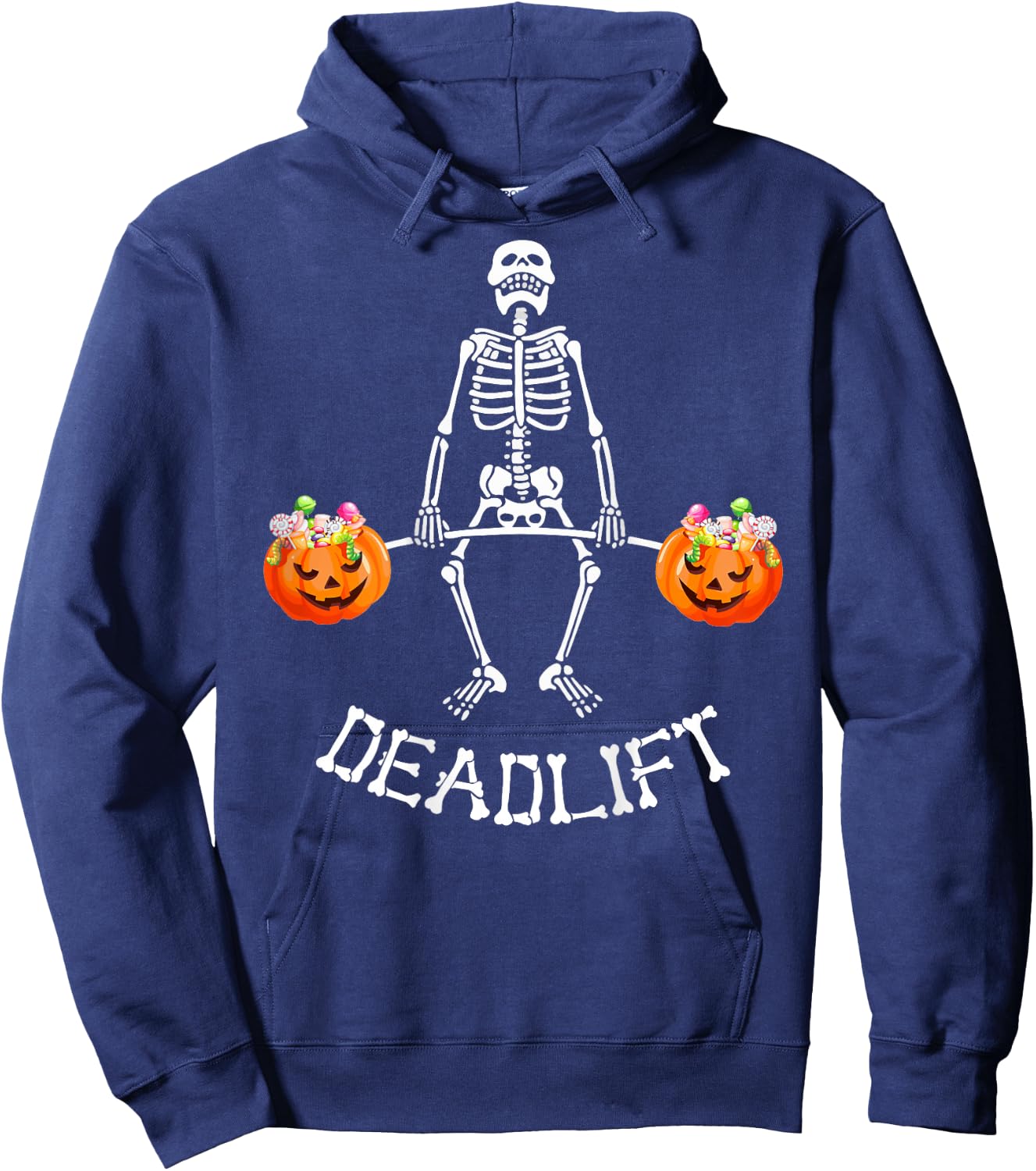 Skeleton Dead Lift Candy Buckets Halloween Workout On Back Hoodie - Hoodie | Navy