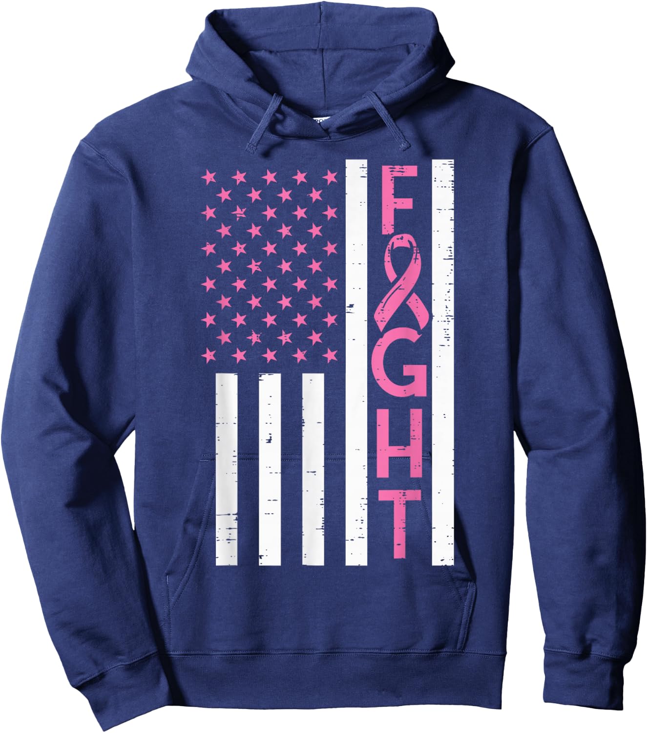 US Flag Pink Ribbon Fight Breast Cancer Awareness Patriotic Hoodie - Hoodie | Navy