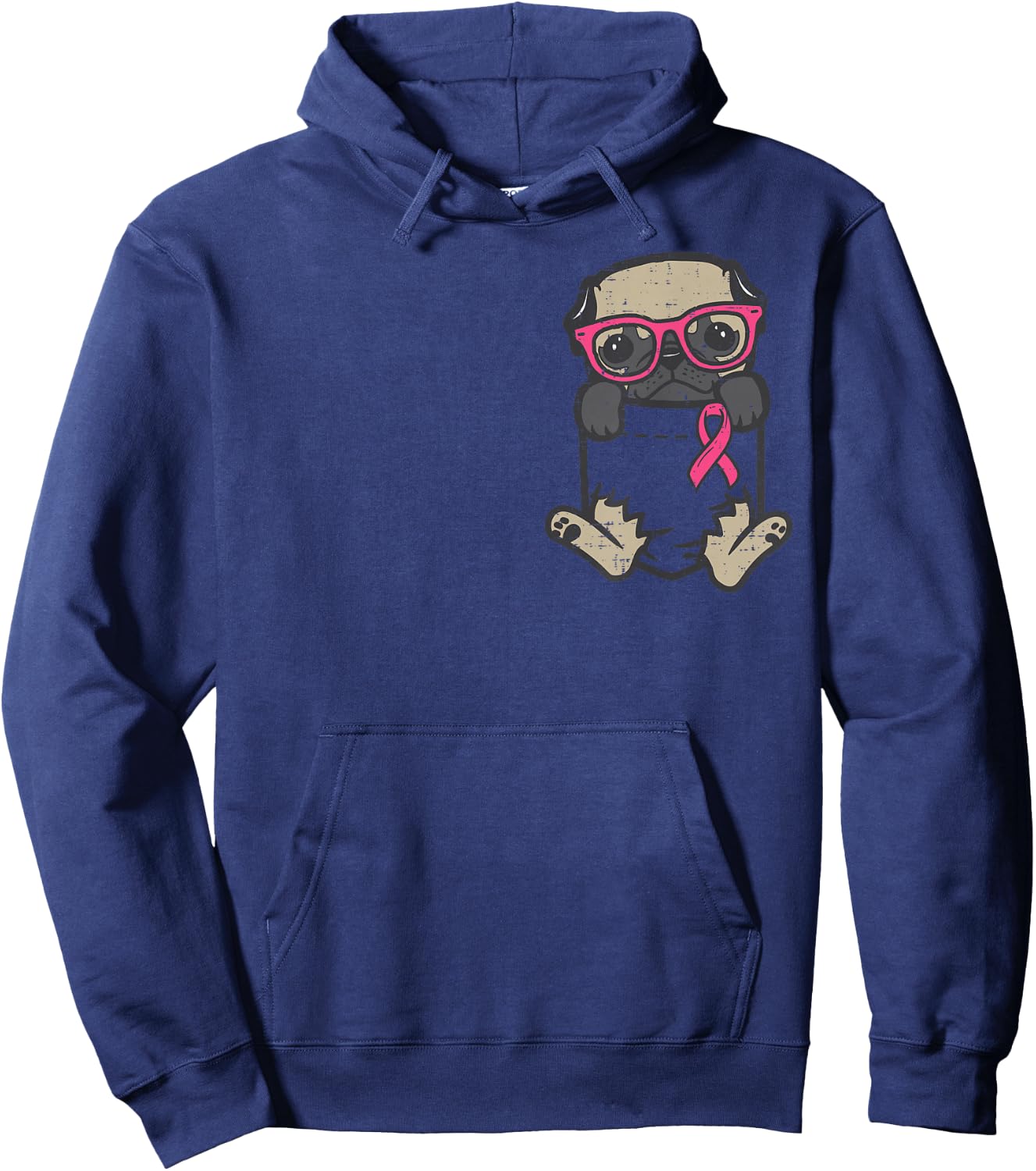Pocket Pug Dog Pink Ribbon Breast Cancer Awareness Dog Hoodie - Hoodie | Navy