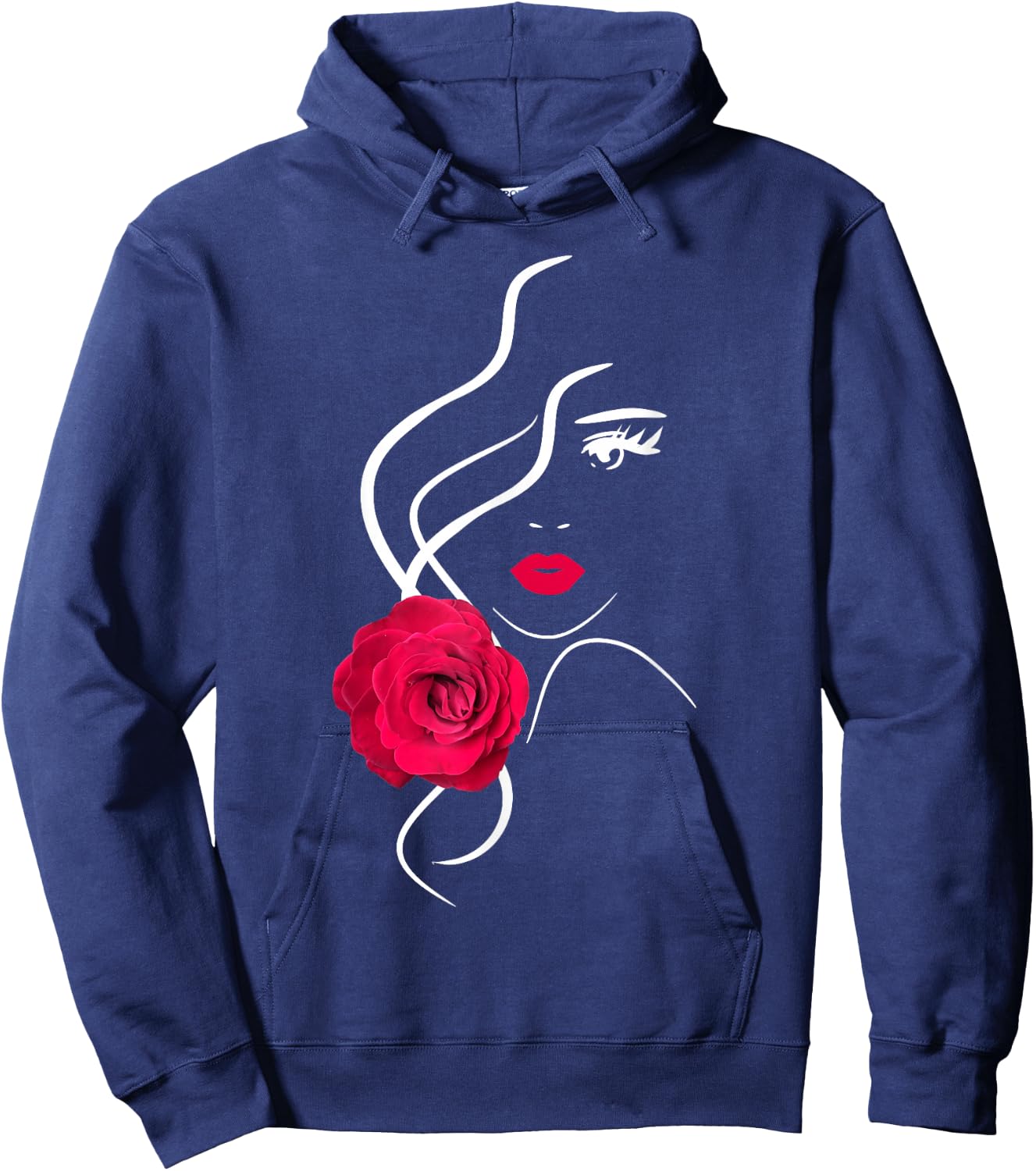 Pretty Girl Face with Hot Red Rose Black White Shapes Mania Hoodie - Hoodie | Navy