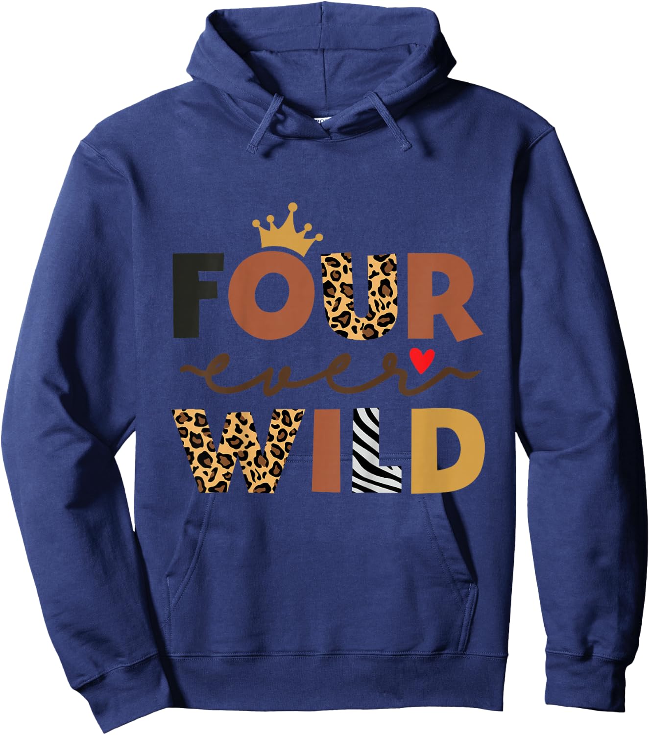 Kids Four Ever Wild Pink 4th Birthday Girl Crown Leopard Hoodie - Hoodie | Navy