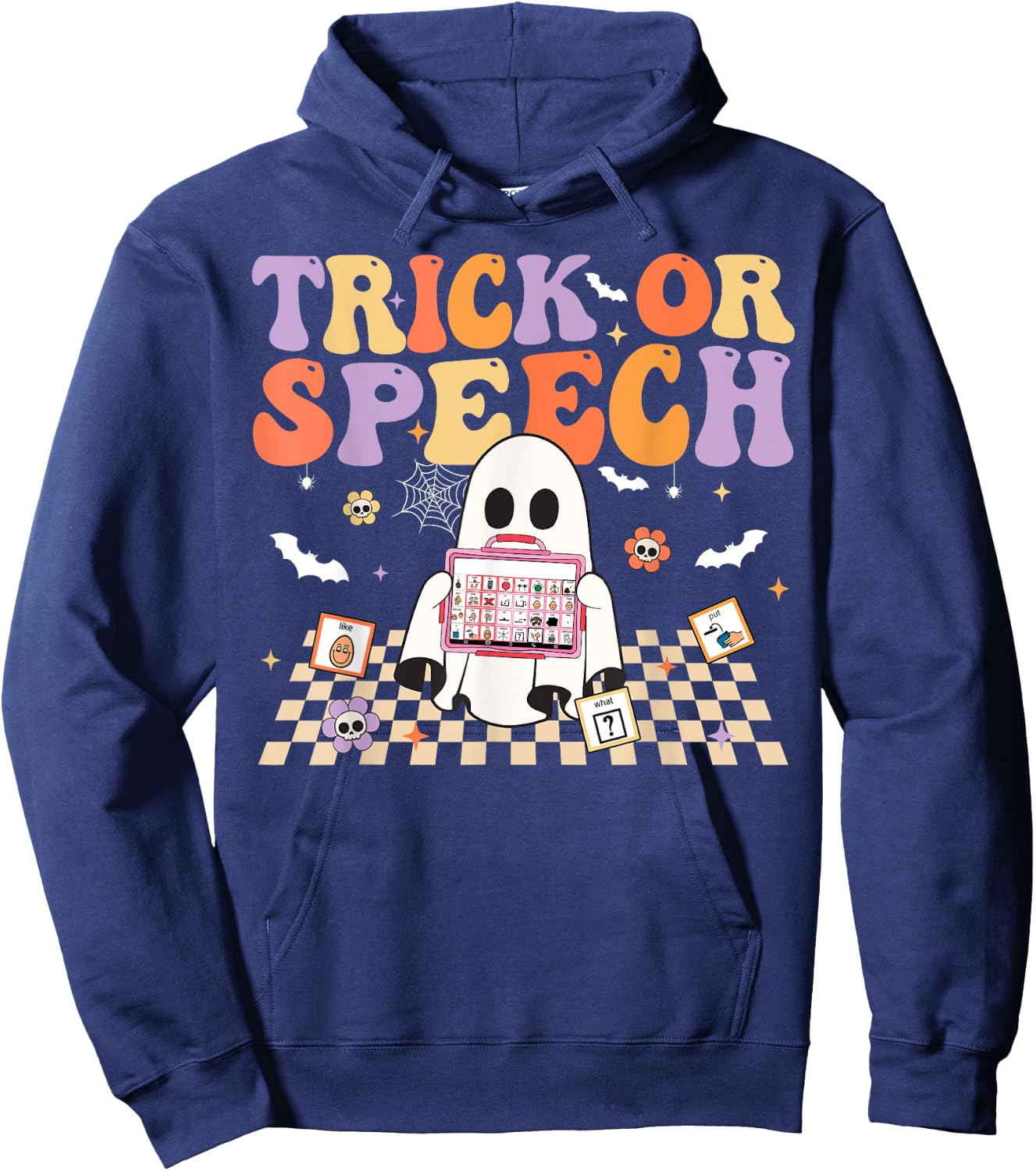 Trick or Speech Retro SLP Halloween Speech Therapy Hoodie - Hoodie | Navy