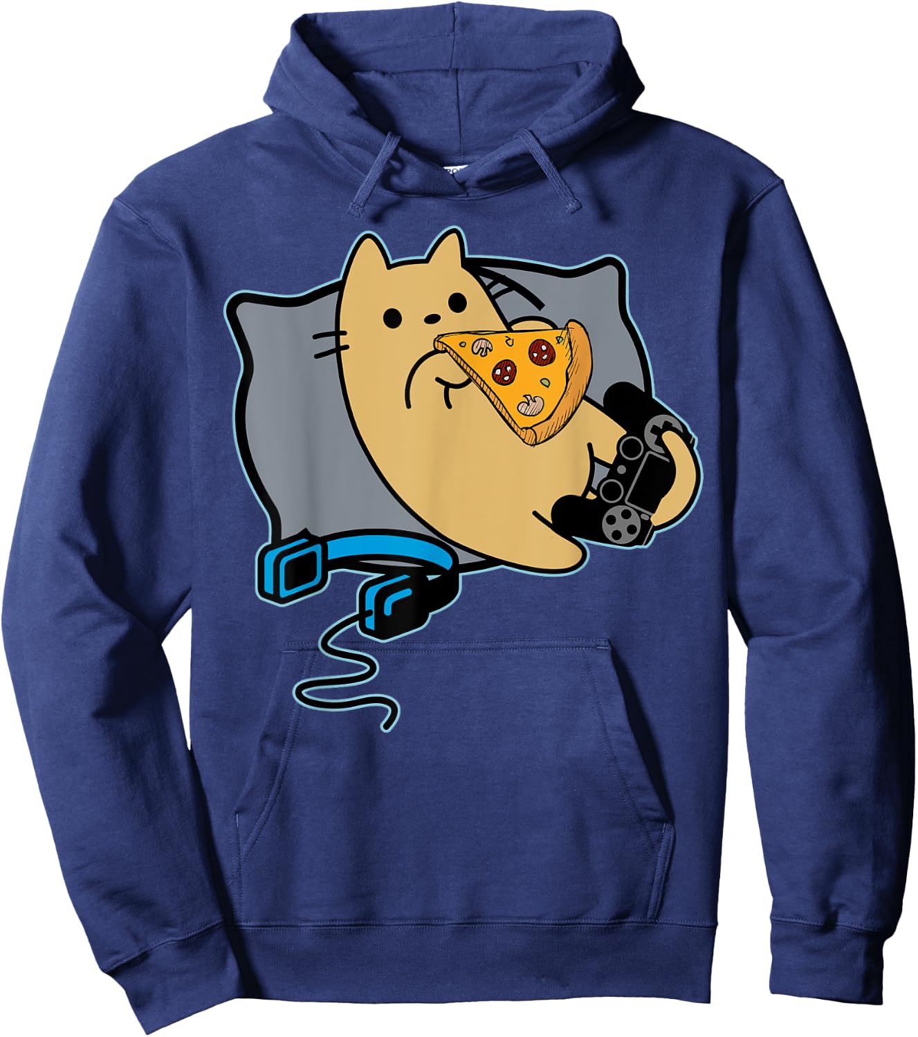 Nerdy Pizza Eating Gamer Cat Game Paused Hoodie - Hoodie | Navy