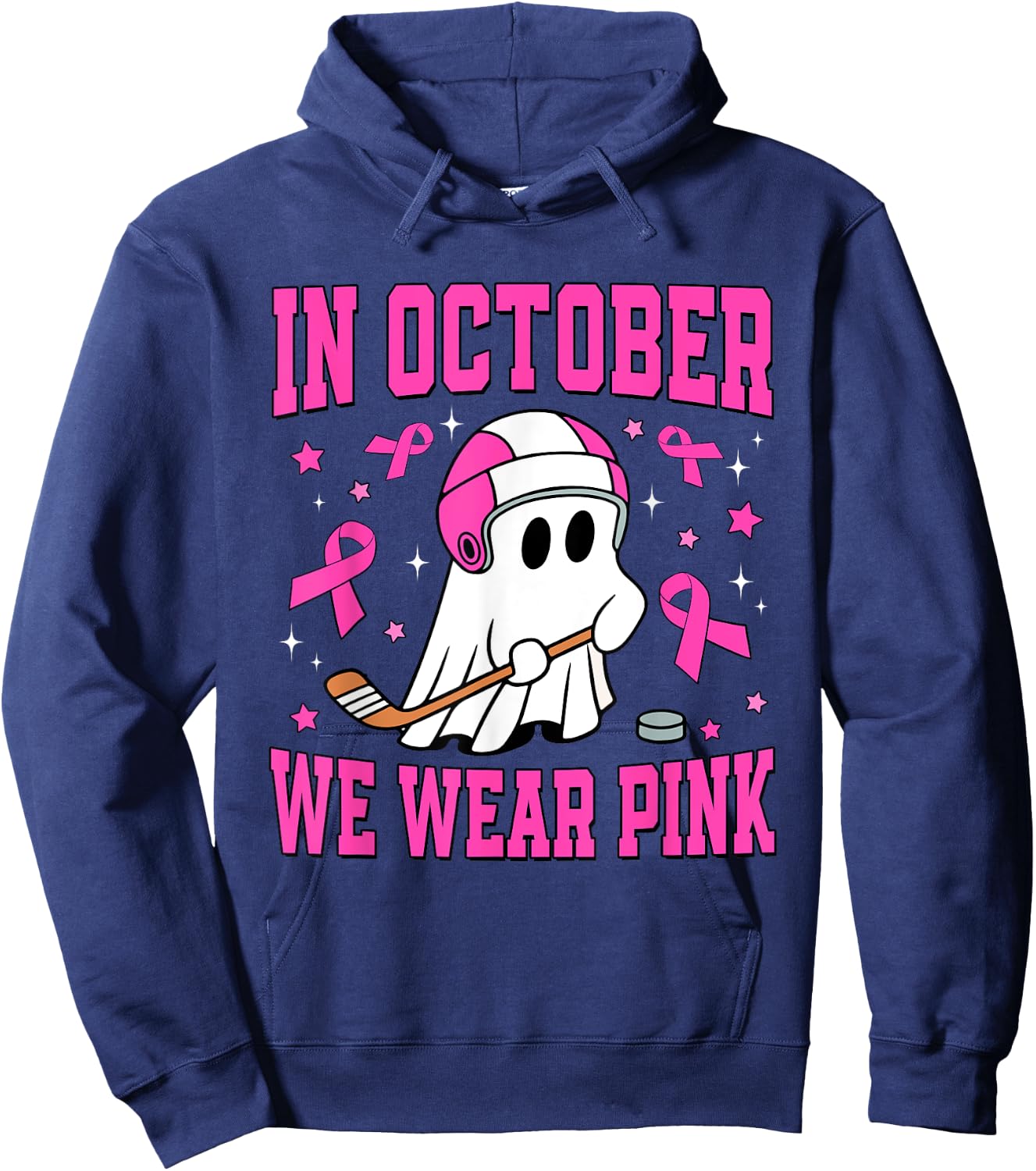 In October We Wear Pink Ghost Hockey Breast Cancer Hoodie - Hoodie | Navy