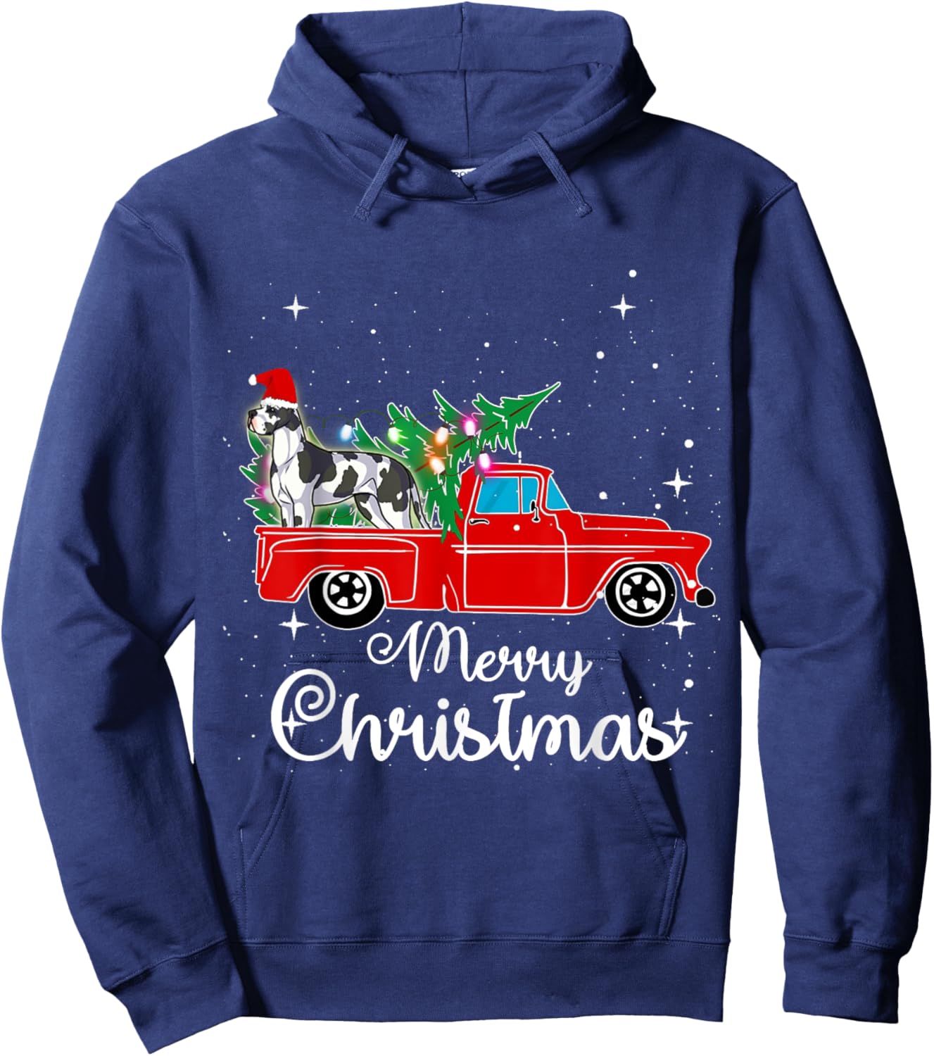 Great Dane Dog Red Truck Christmas Tree Lights Merry Xmas Women Kids Hoodie - Hoodie | Navy