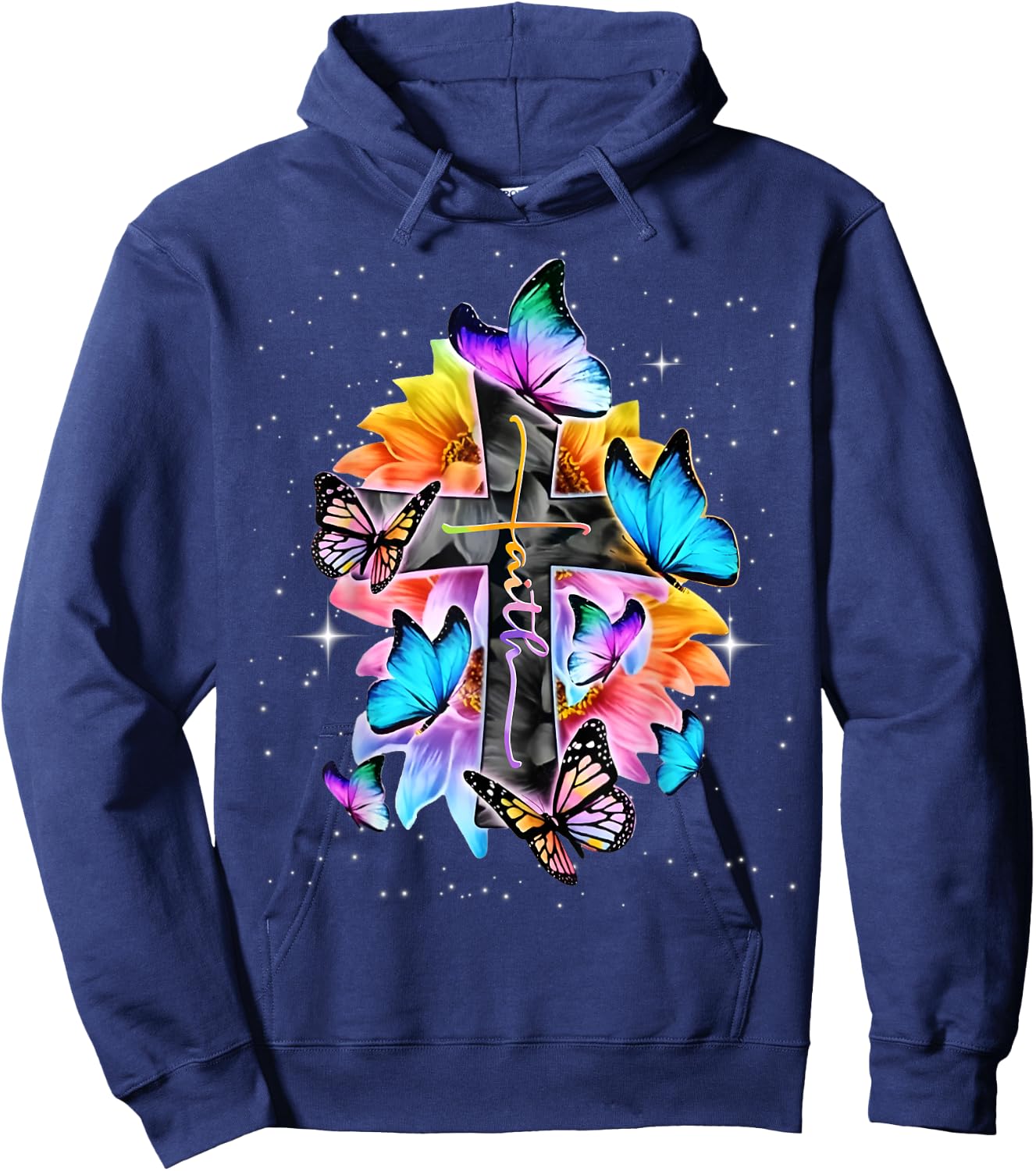 Faith - Cross Floral Butterflies Christ Flowers Religious Hoodie - Hoodie | Navy