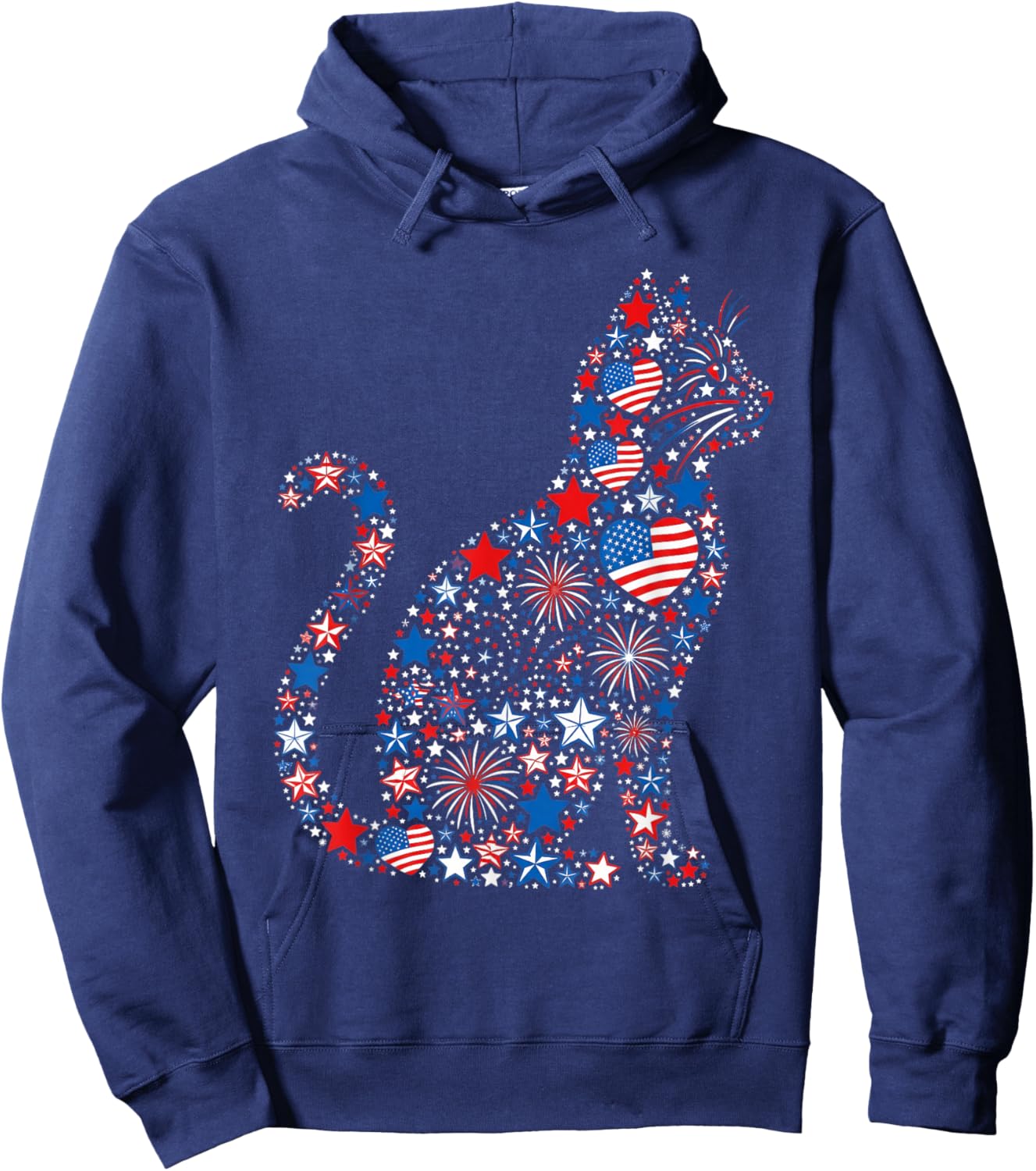Cat American USA Flag Fireworks Patriotic Fourth of July Hoodie - Hoodie | Navy
