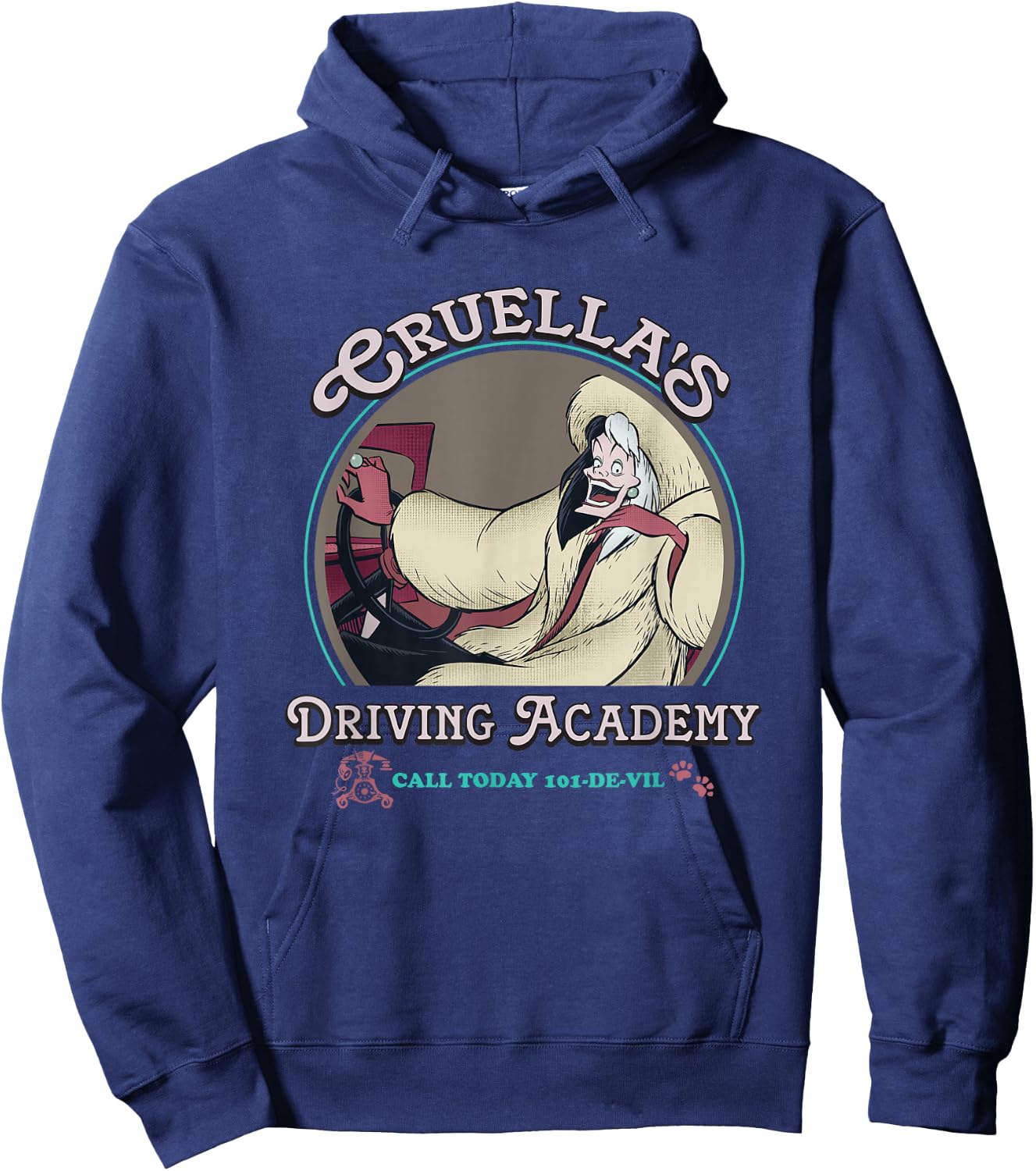 Disney Villains Cruella's Driving Academy Retro Chest Poster Hoodie - Hoodie | Navy