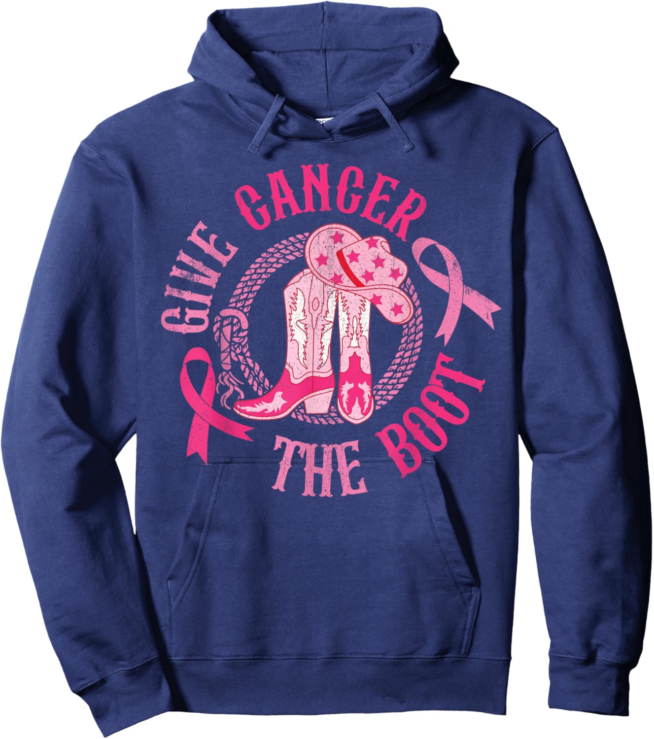 Give Cancer Boot Cowgirl Western Breast Cancer Pink Ribbon Hoodie - Hoodie | Navy