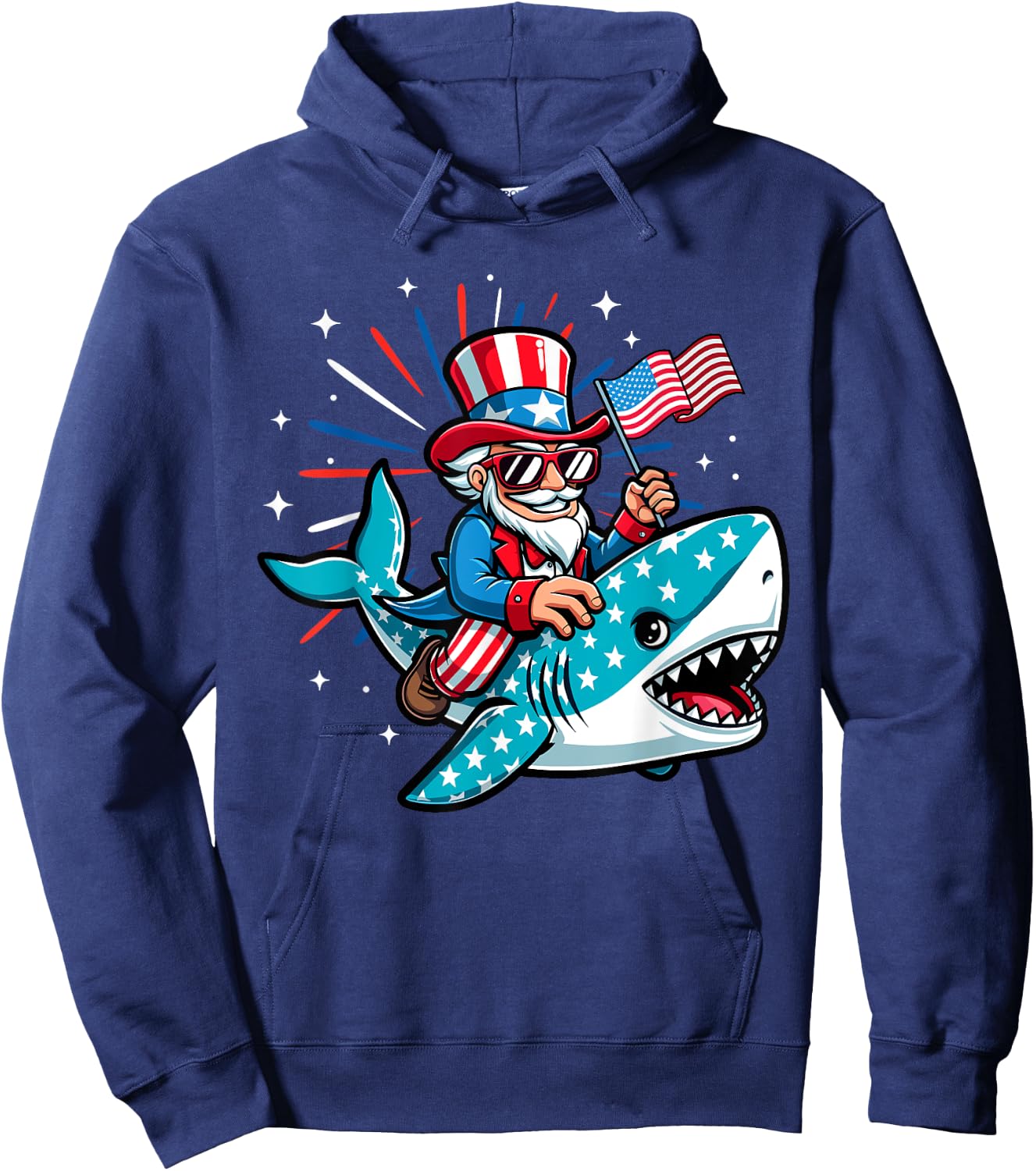 Funny Uncle Sam Riding Shark 4th of July Boys American Flag Hoodie - Hoodie | Navy