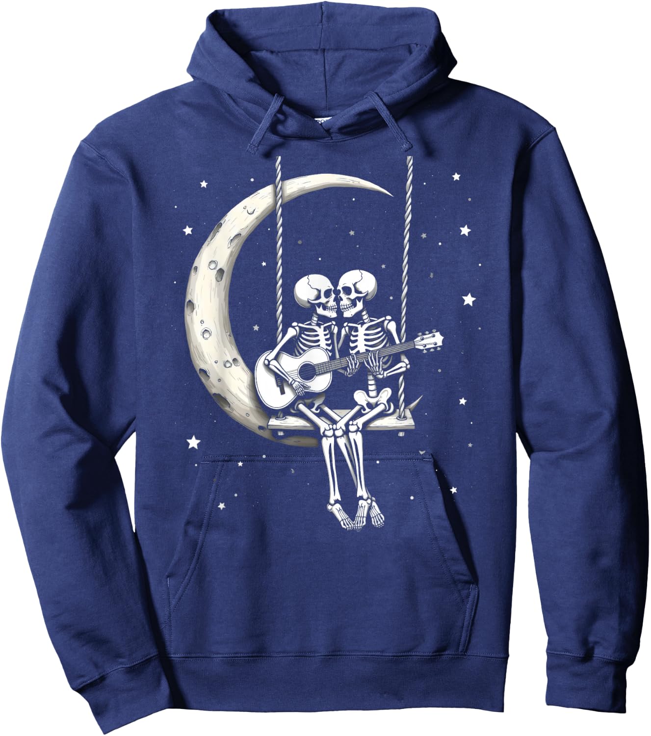 Skeleton Couple Playing Guitar on Moon Swing Halloween Band Hoodie - Hoodie | Navy