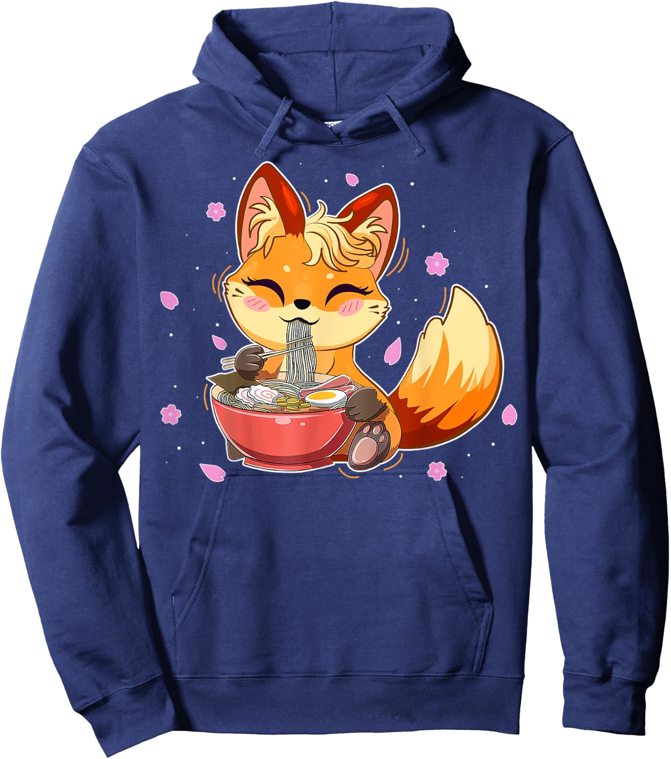 Cute Fox Japanese Anime Eating Ramen Girl Teen Kid Kawaii Hoodie - Hoodie | Navy