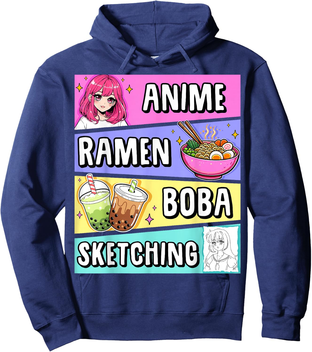 Kawaii Anime Ramen Noodles Sketching Boba Tea Japanese Hoodie - Hoodie | Navy