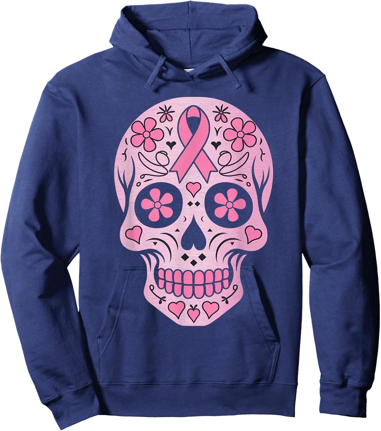 Sugar Skull Pink Ribbon Calavera Breast Cancer Awareness Hoodie - Hoodie | Navy