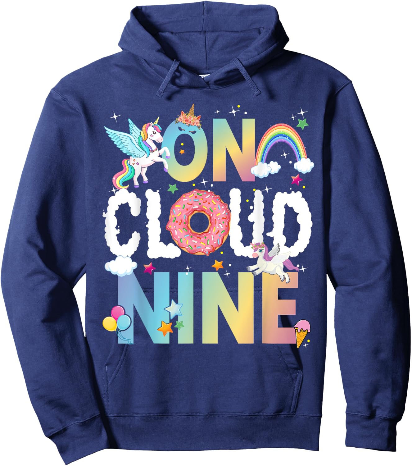 Retro On Cloud Nine Flower Happy 9th Birthday 9 Years Old Hoodie - Hoodie | Navy