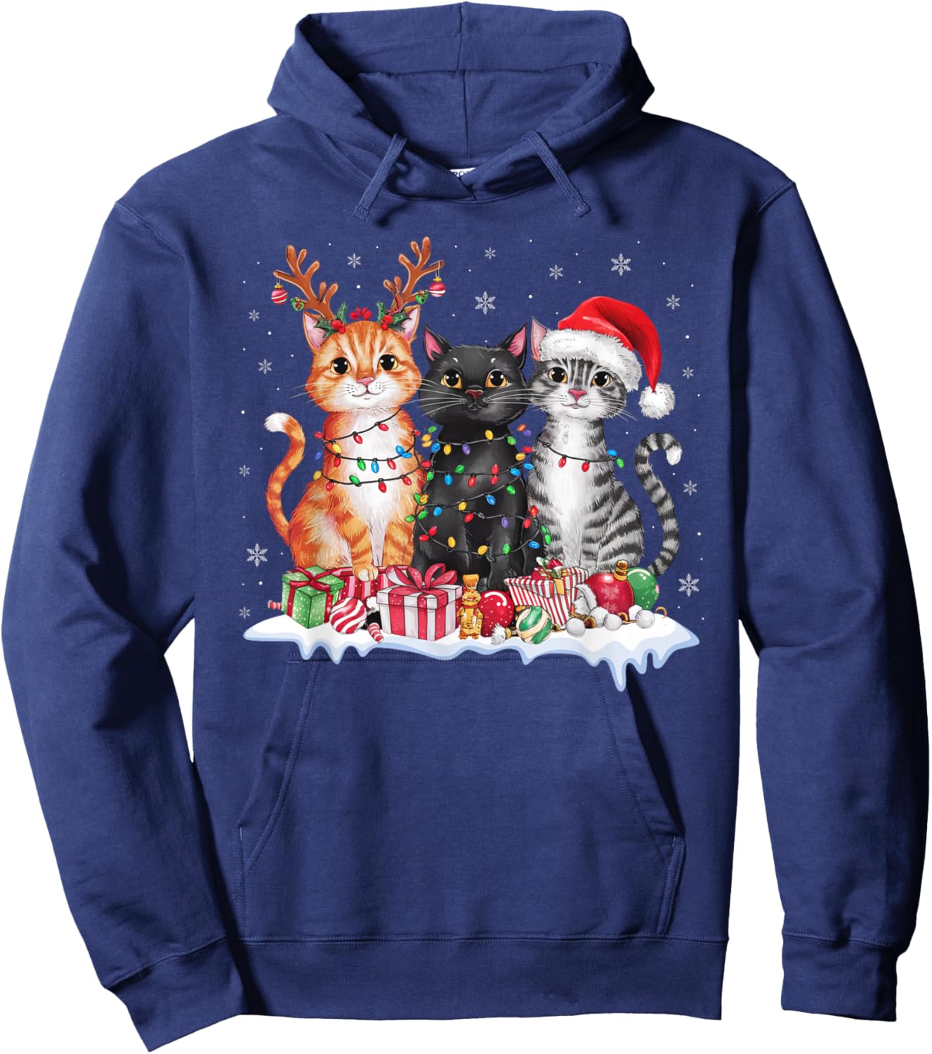 Santa Cat Christmas Light Gorgeous Reindeer Pajama Cat Lover Hoodie - Hoodie | Navy