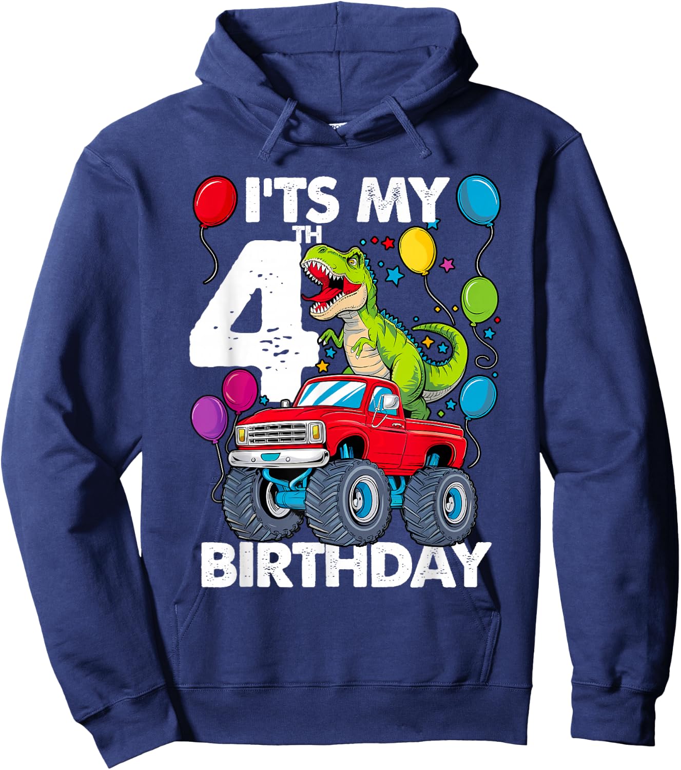 It's My 4th Birthday Dinosaur Monster Truck Hoodie - Hoodie | Navy