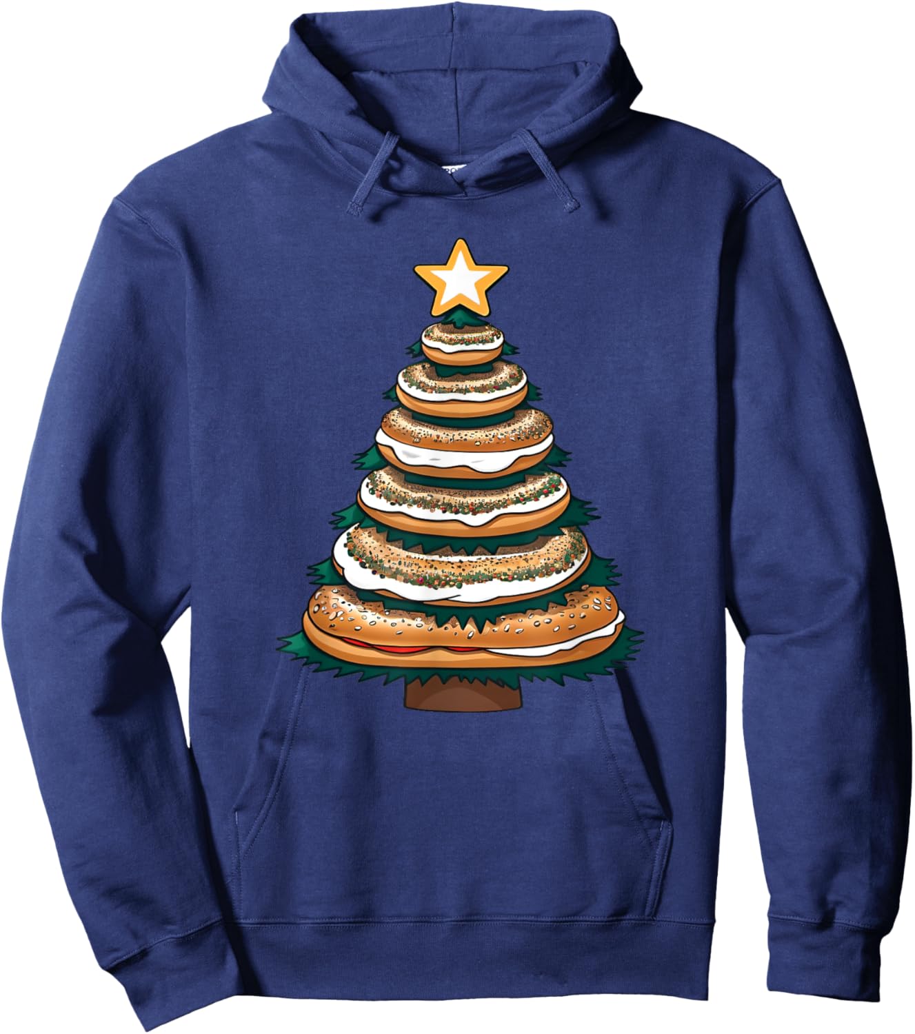 X-mas Breakfast Pastry and Baked Treat -Adults and Kids Blue Small Modern Christmas Everything Bagel with Cream Cheese Christmas Tree Hoodie - Hoodie | Navy