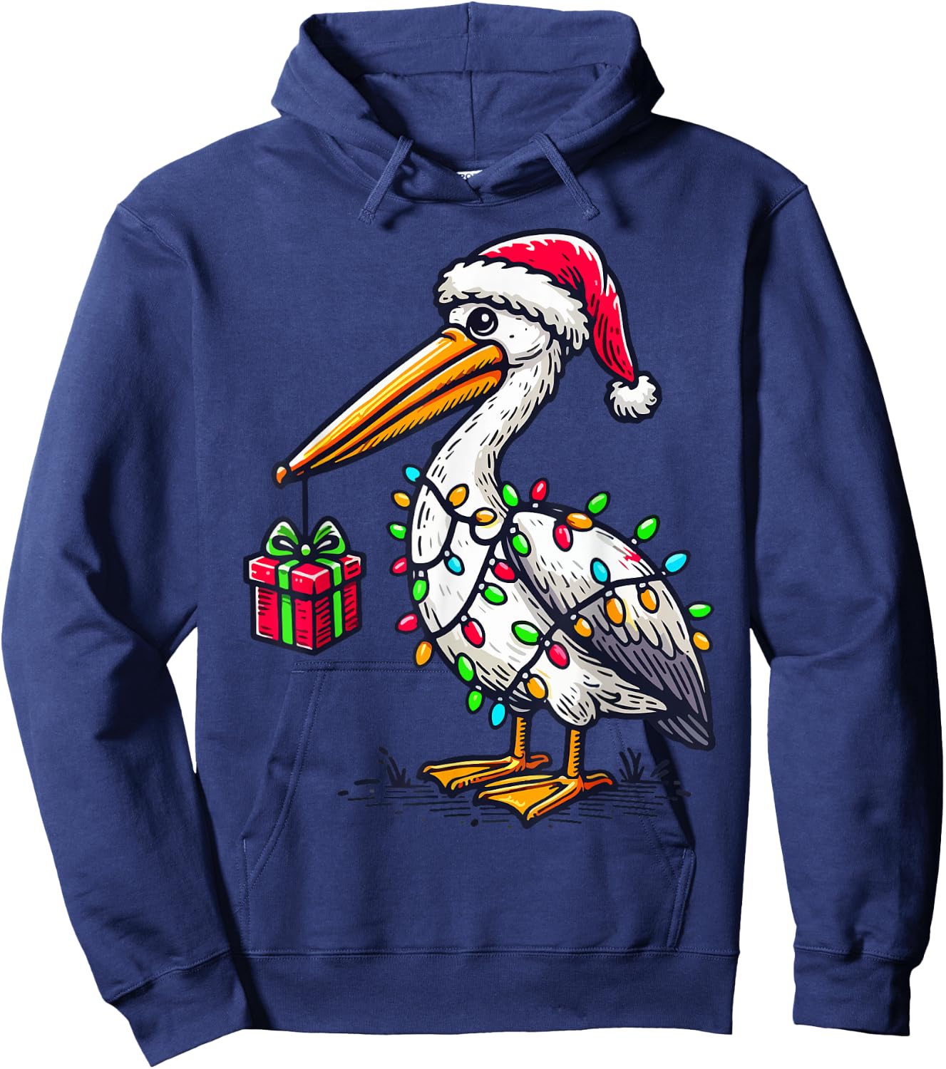 Pelican Bird Wearing Santa Hat, Holding A Present Box Xmas Hoodie - Hoodie | Navy