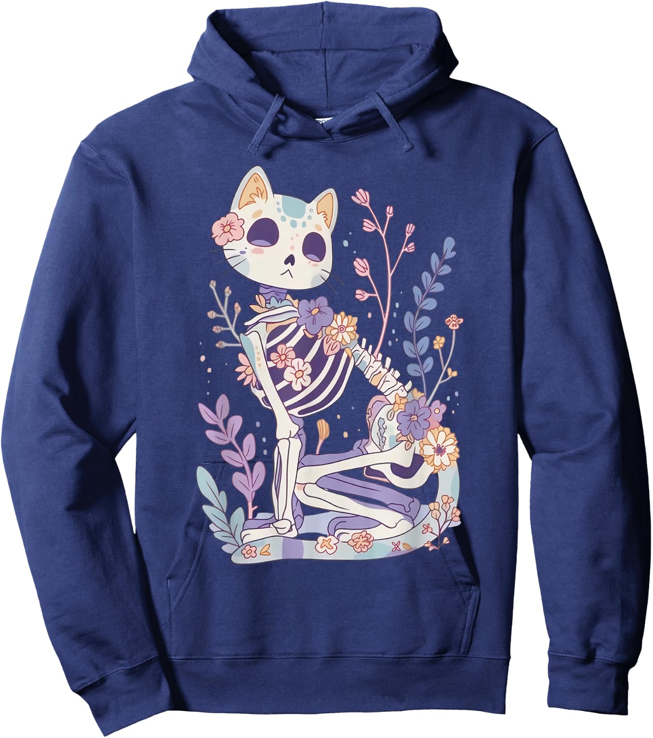 Kawaii Pastel Floral Goth Cute Creepy Cat Skeleton Hoodie - Hoodie | Navy
