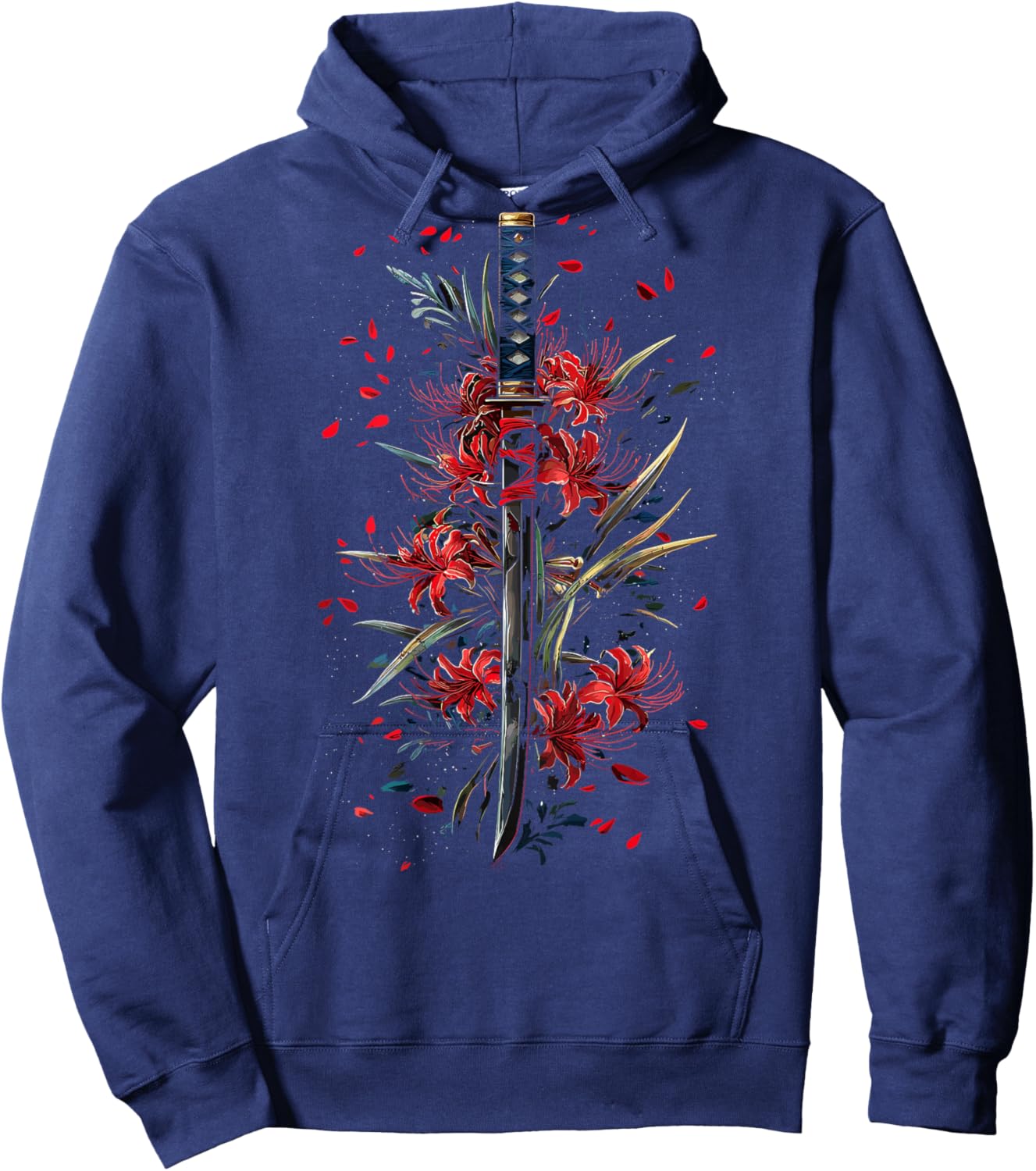 Red Spider Lily Flower Japanese Katana Sword Backprinted Hoodie - Hoodie | Navy