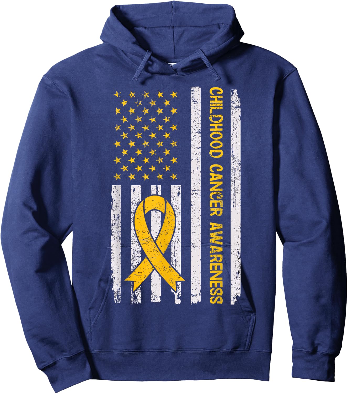 Childhood Cancer Awareness Month Gold Ribbon American Flag Hoodie - Hoodie | Navy