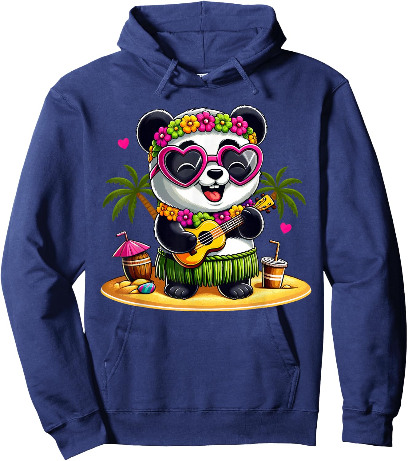 Funny Panda Hawaiian Costume Kids Summer Vacation Panda Hoodie - Hoodie | Navy