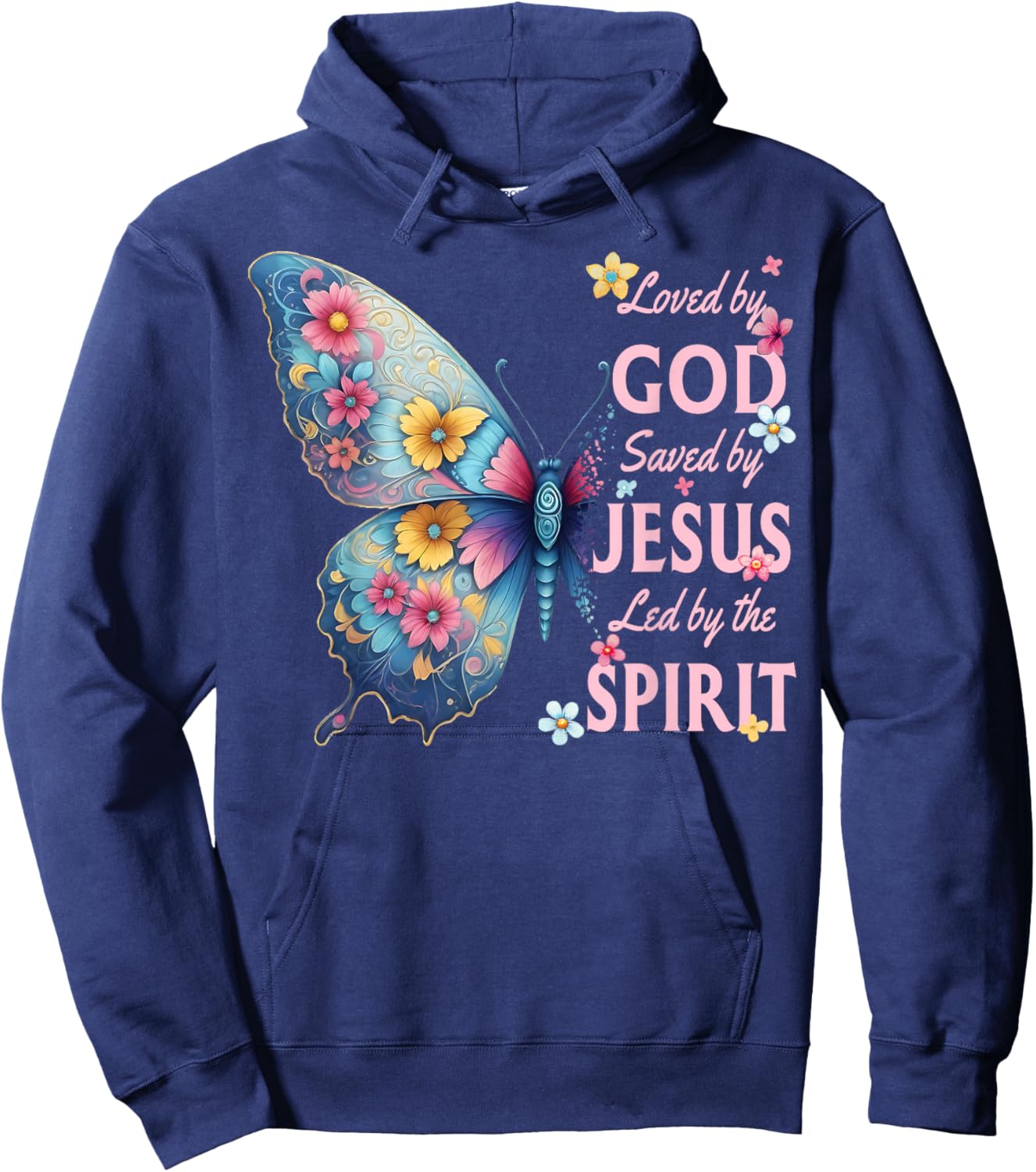 Loved by God Saved by Jesus Christian Floral Butterfly Hoodie - Hoodie | Navy