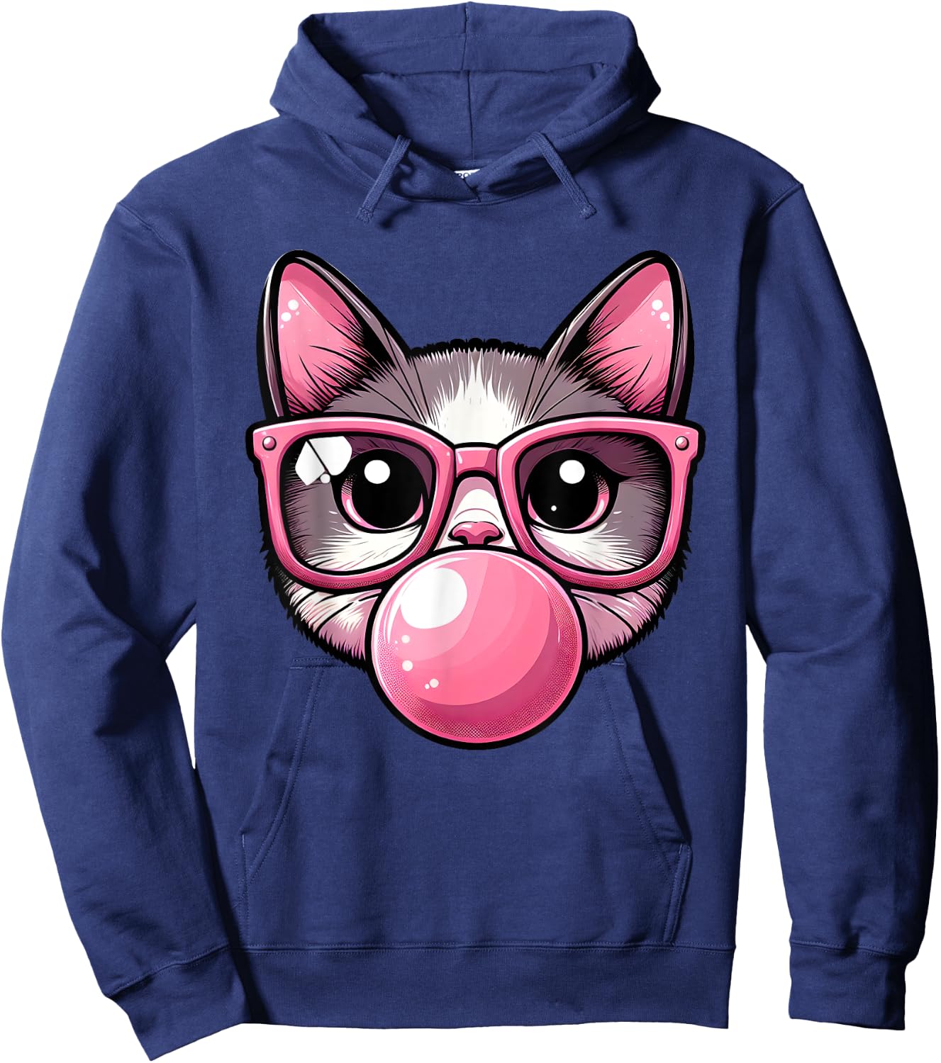 Cute and Funny Cat Pink Sunglasses And Blowing Bubble Gum Men Women Girls Kids Hoodie - Hoodie | Navy