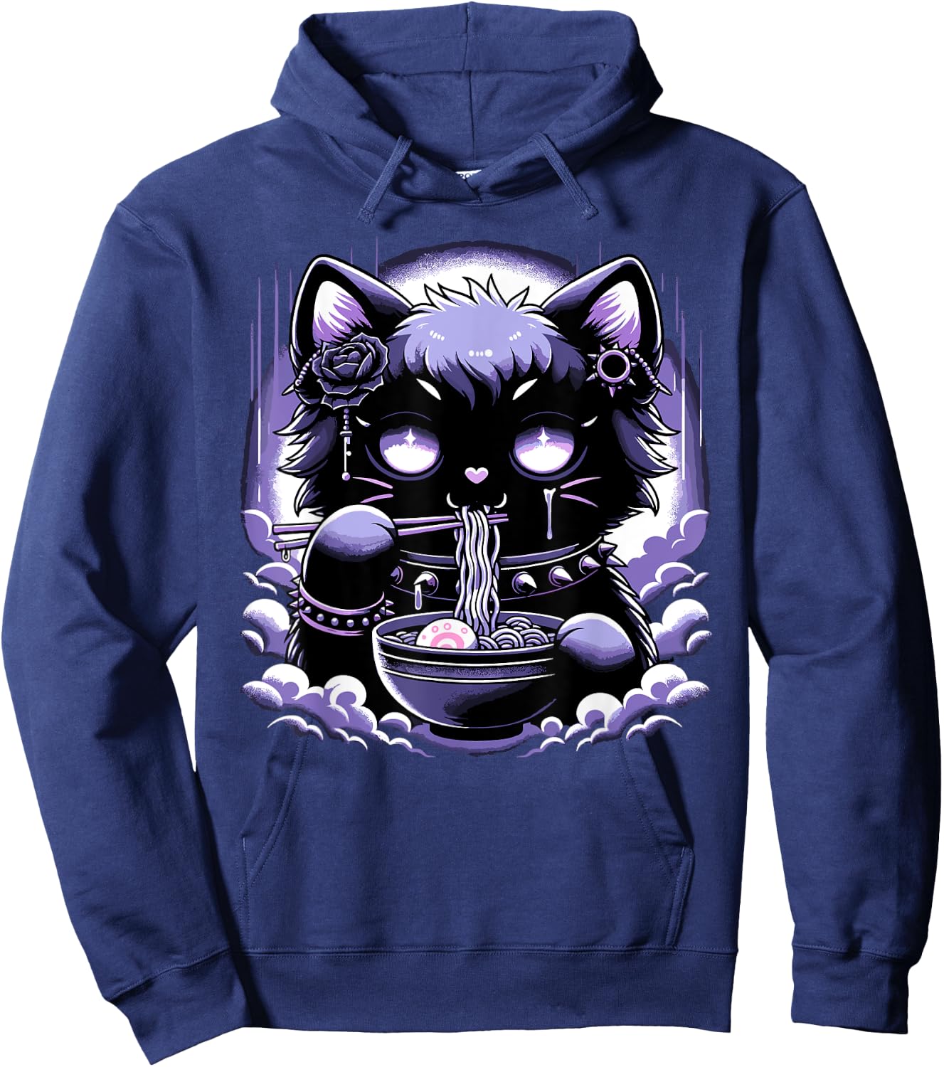 Pastel Goth Aesthetic Kawaii Creepy Cat Eating Ramen Noodles Hoodie - Hoodie | Navy
