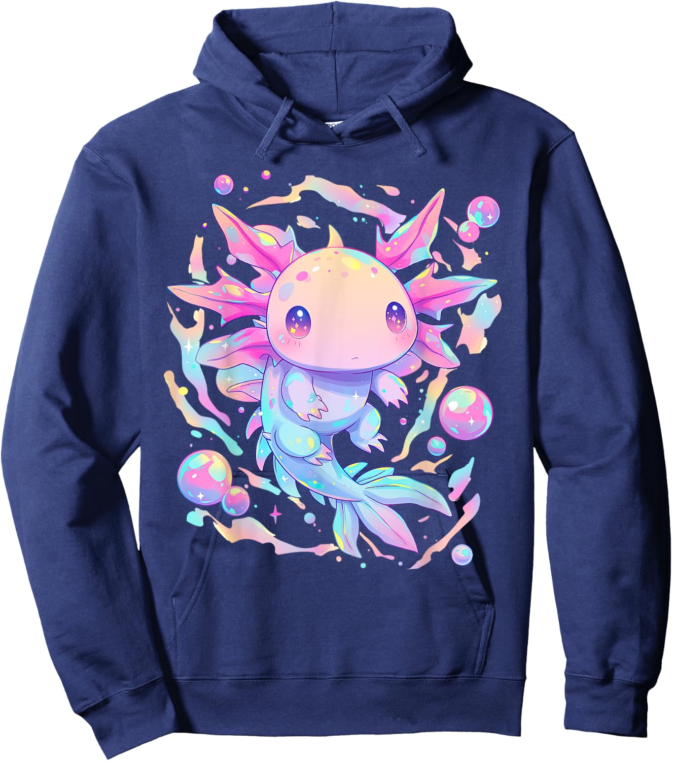Kawaii Pastel Goth Cute Pink Sparkles Axolotl and Bubbles Hoodie - Hoodie | Navy