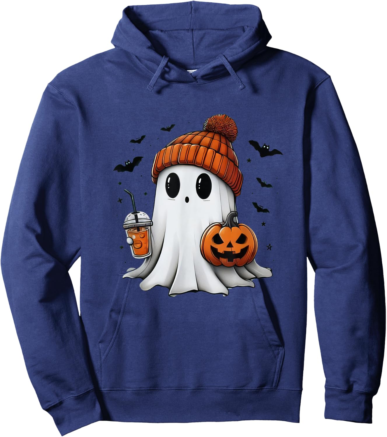 Cute Ghost Drinking Coffee Halloween Ghost Ice Coffee Hoodie - Hoodie | Navy