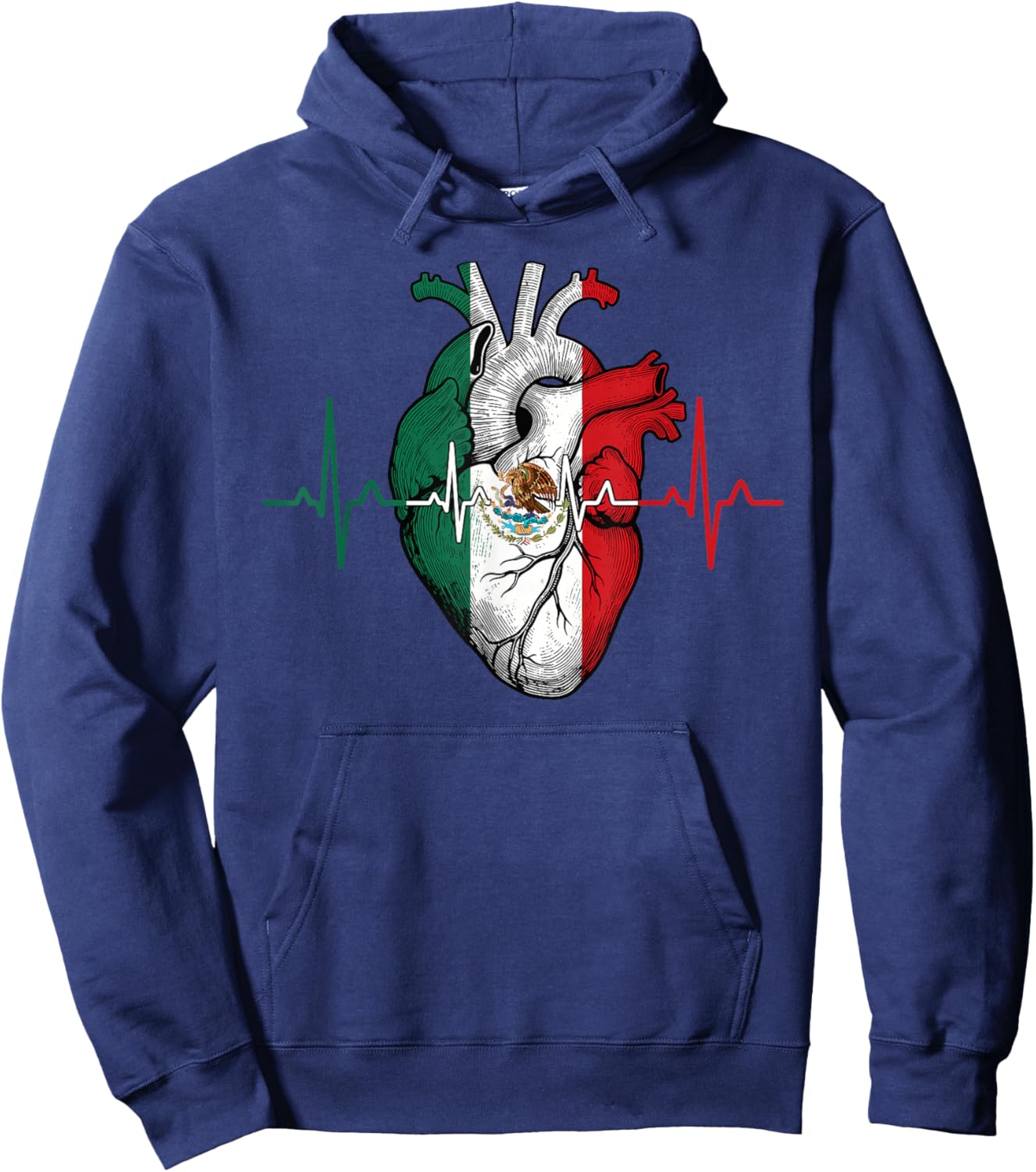 Mexico Flag Heart Mexican Pride Heritage Roots Heartbeat EKG Hoodie - Hoodie | Navy