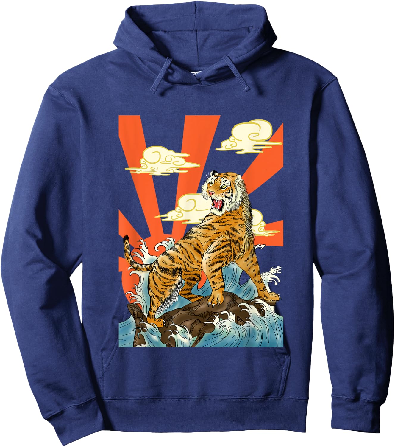 Majestic Tiger Roaring Over Waves with Rising Sun Backdrop Hoodie - Hoodie | Navy