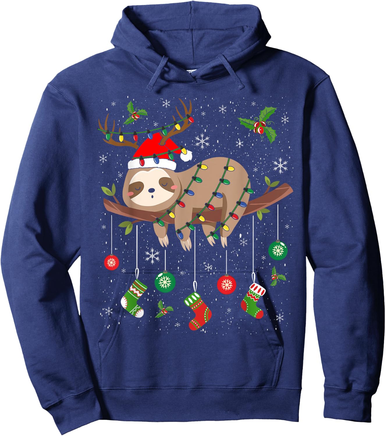 Sloths Xmas Lighting Reindeer Santa Hat Sloth Christmas Hoodie - Hoodie | Navy
