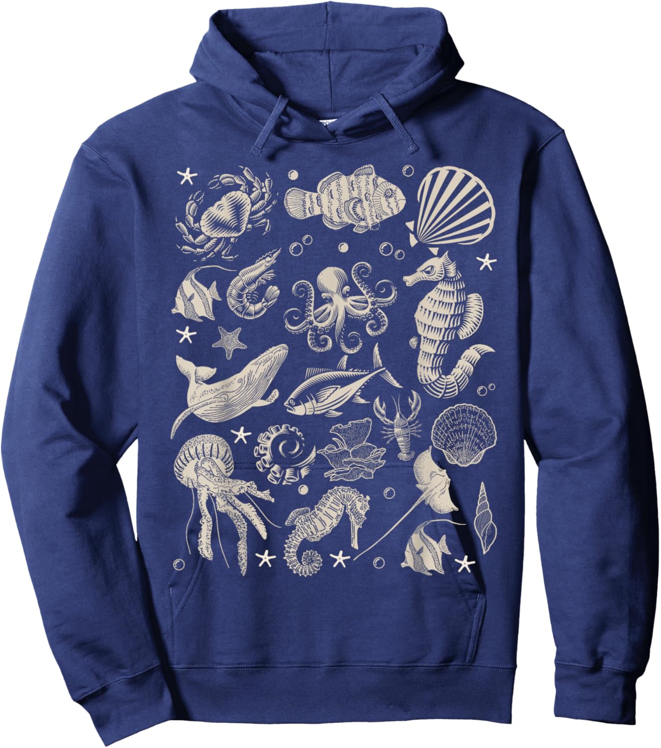 Vintage Ocean Wildlife Shark Turtle Octopus Hoodie - Hoodie | Navy
