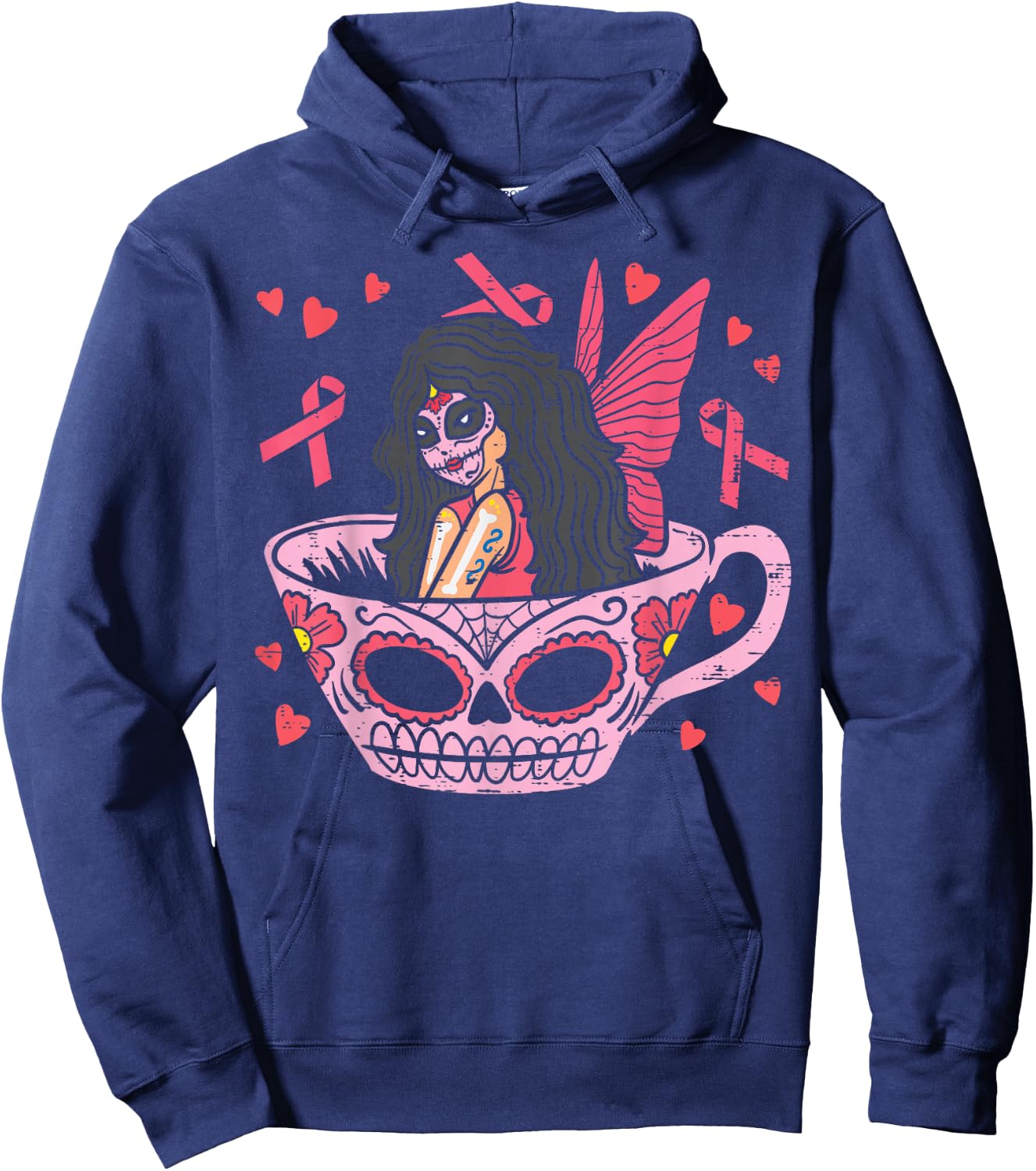 Sugar Skull Fairy In Tea Cup Breast Cancer Awareness Mexican Hoodie - Hoodie | Navy