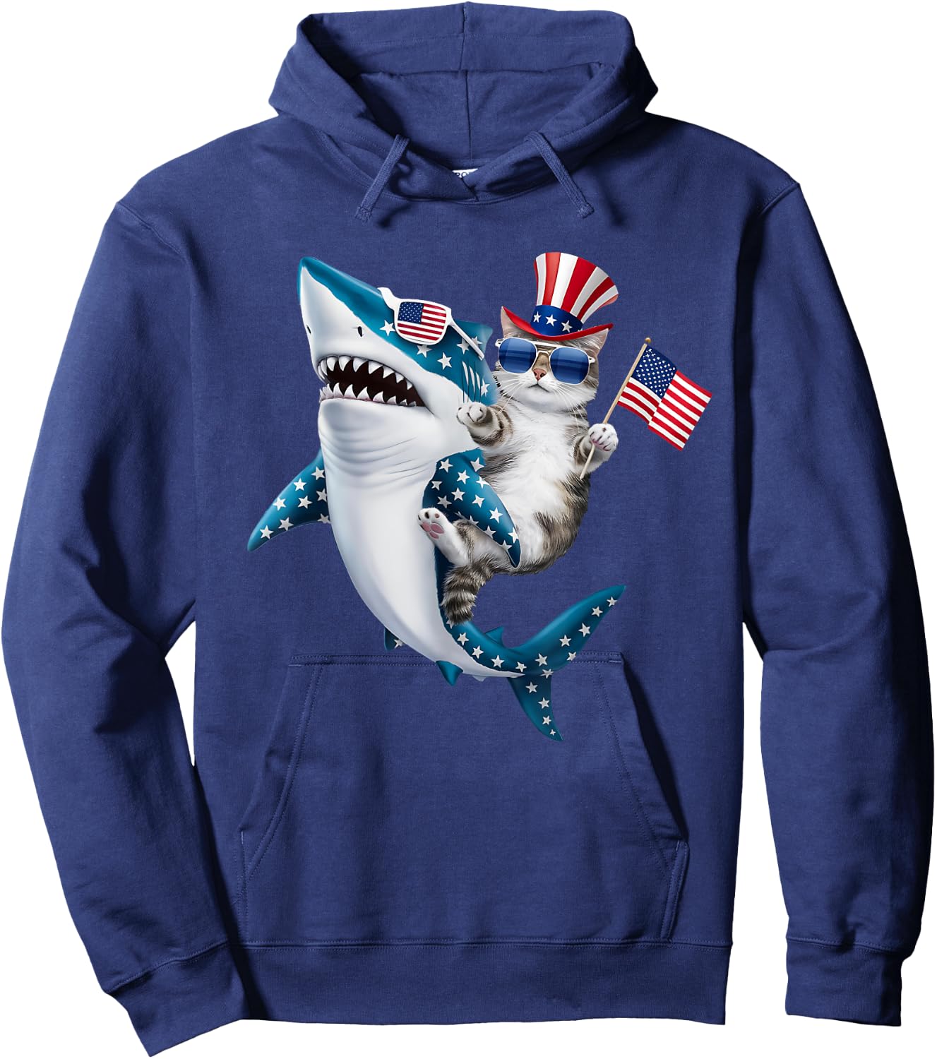 Awesome Patriotic Cat Riding Shark usa flag sunglasses Women Kids Men Hoodie - Hoodie | Navy