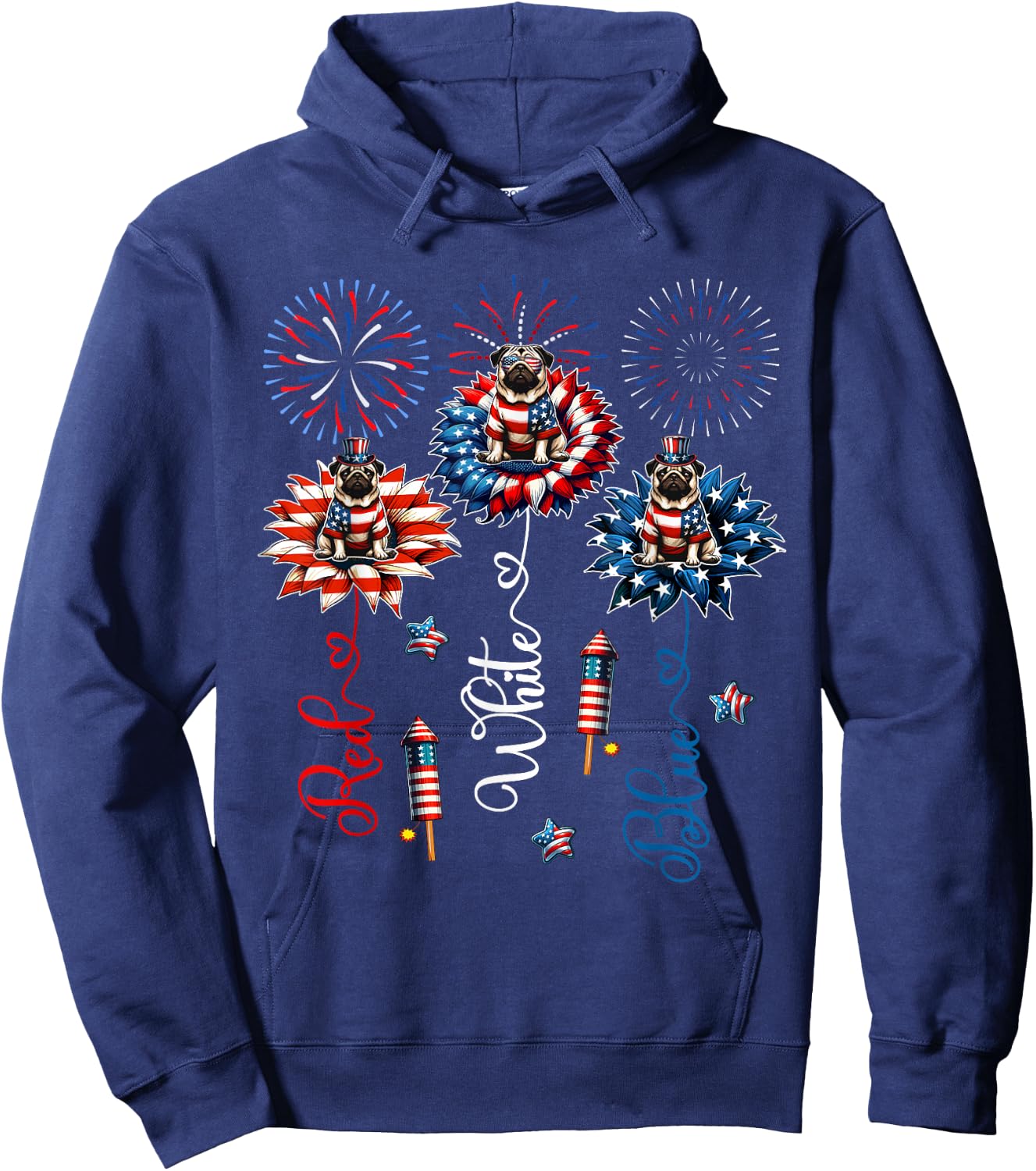 Red Blue White Three Cute Pugs On Floral 4th July Patriotic Hoodie - Hoodie | Navy