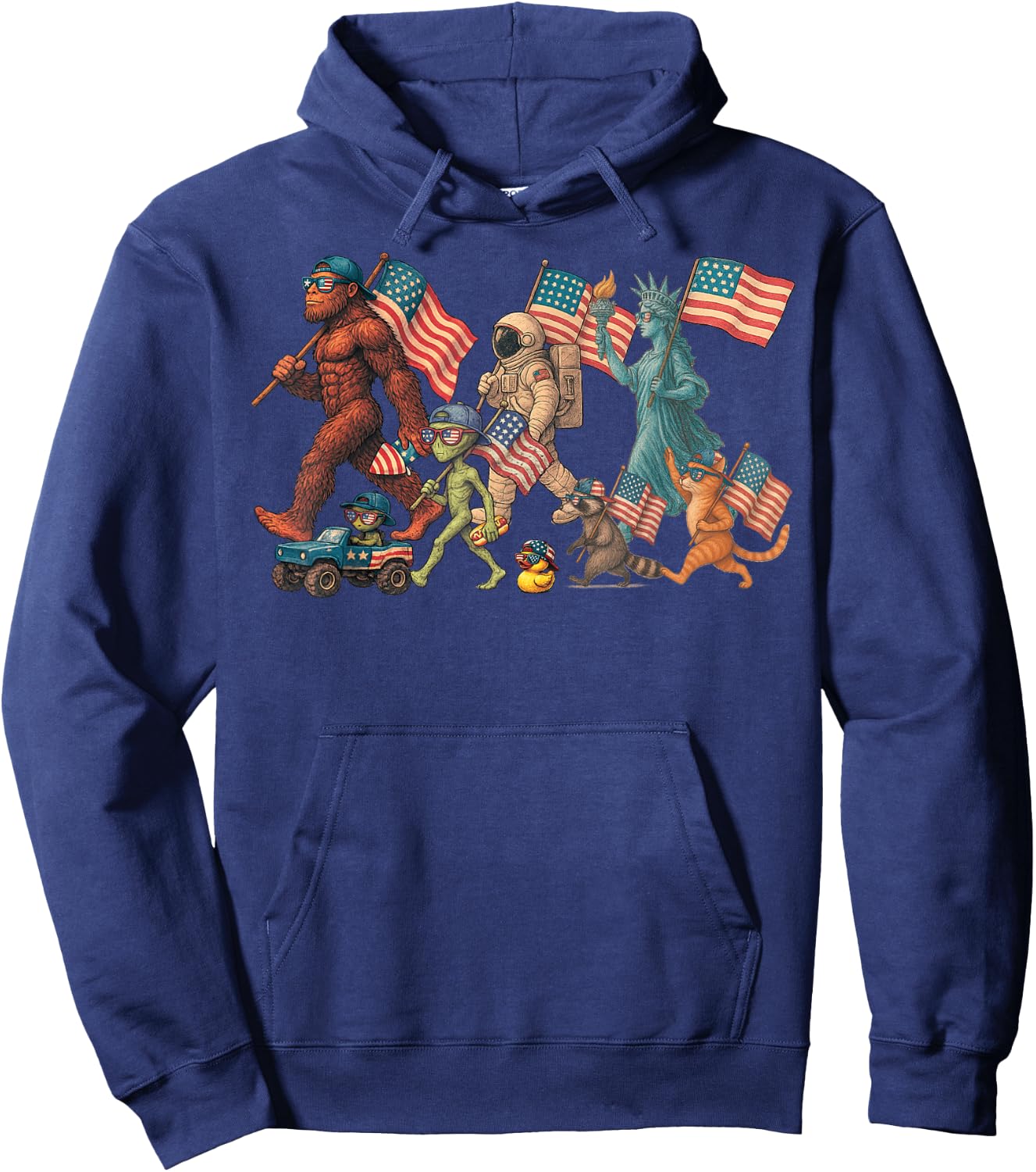 Vintage American Flag Sasquatch Raccoon Funny 4th of July Hoodie - Hoodie | Navy