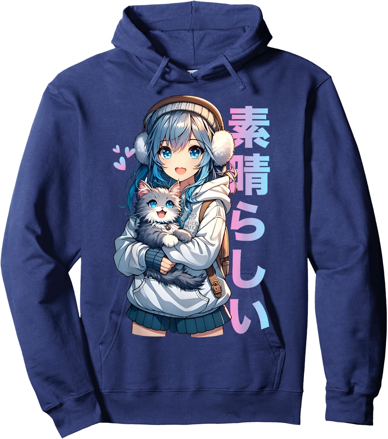 Cute Anime Girl with a Cat for Cat Lover Kawaii Otaku Manga Hoodie - Hoodie | Navy