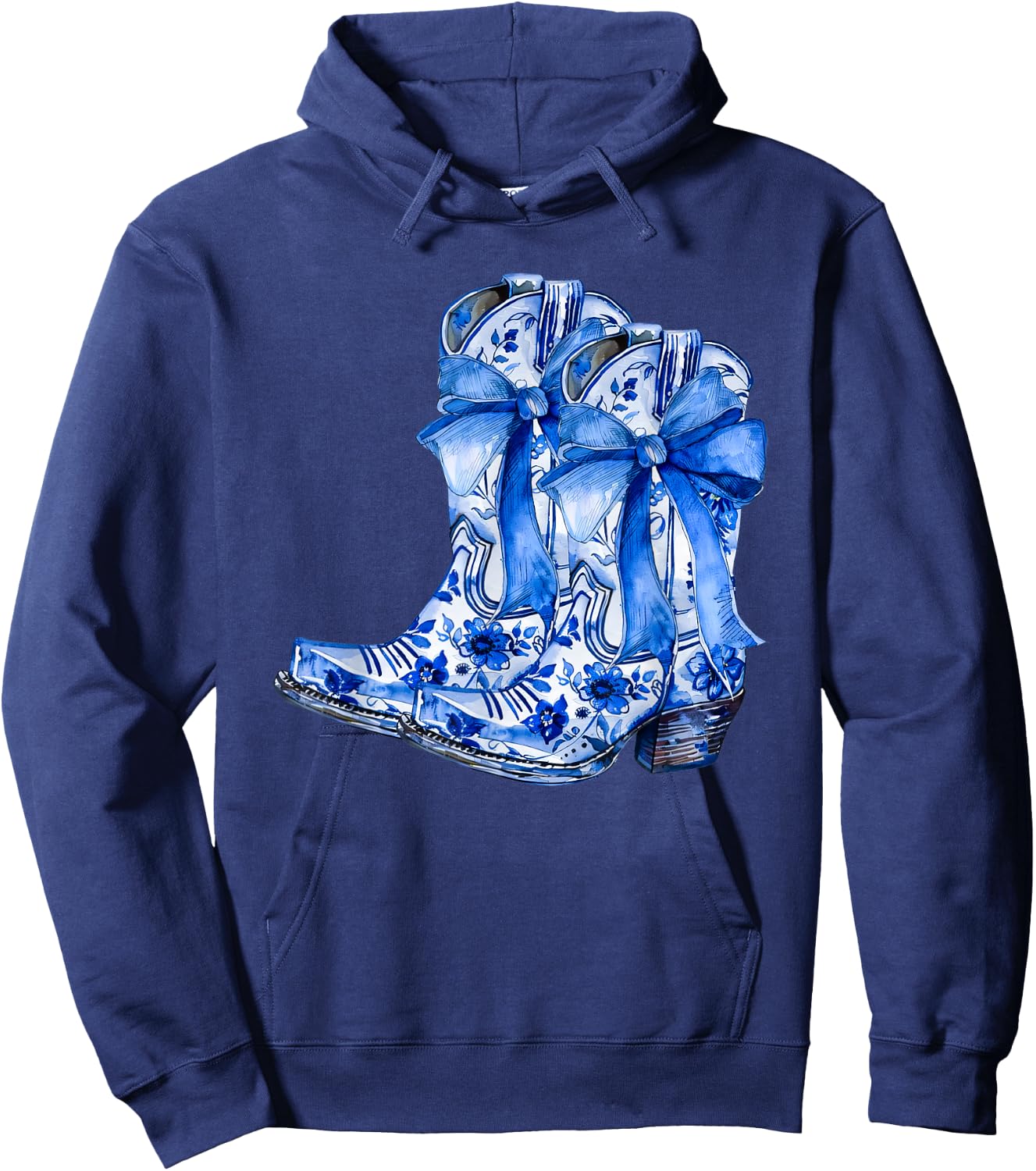 Boots Bow Coquette Coastal Cowgirl Blue Chinoiserie Floral Hoodie - Hoodie | Navy