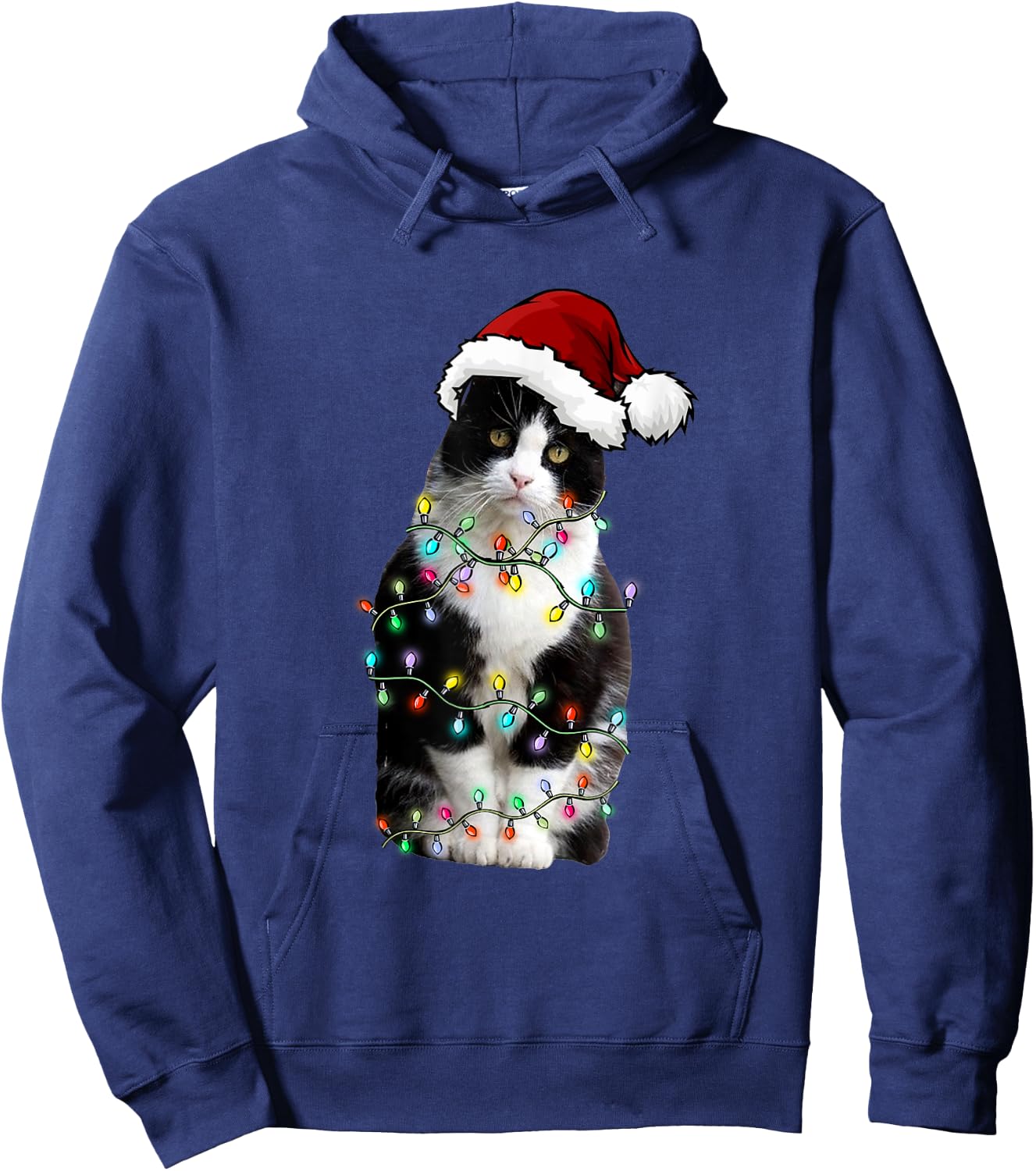 Cute Tuxedo Black Cat Christmas Light Cat Christmas Pajama Men Women Kids Hoodie - Hoodie | Navy