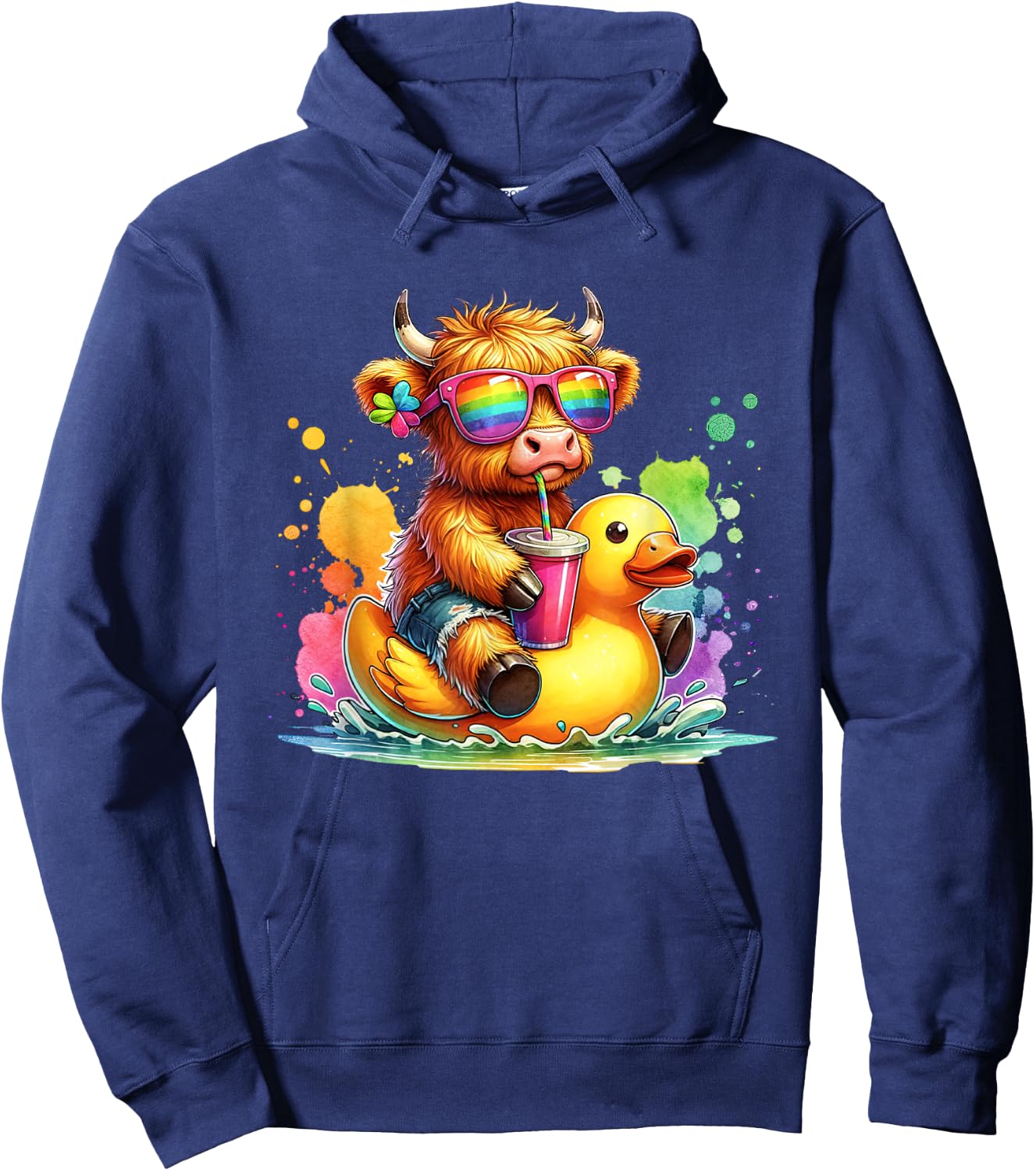 Cute Highland Cow Duck Pool Float Summer Vibes Swimming Hoodie - Hoodie | Navy