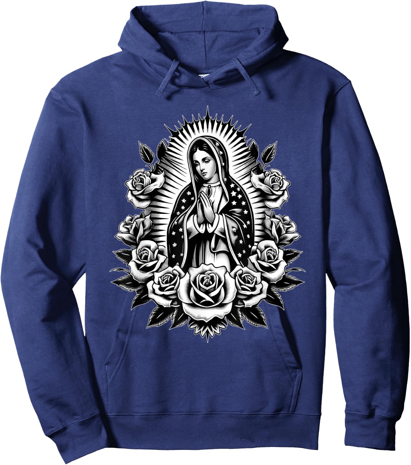 Cosas Mexicanas Apparel Co Virgen de Guadalupe Virgin Mary Virgencita Floral , Small, Black Hoodie - Hoodie | Navy