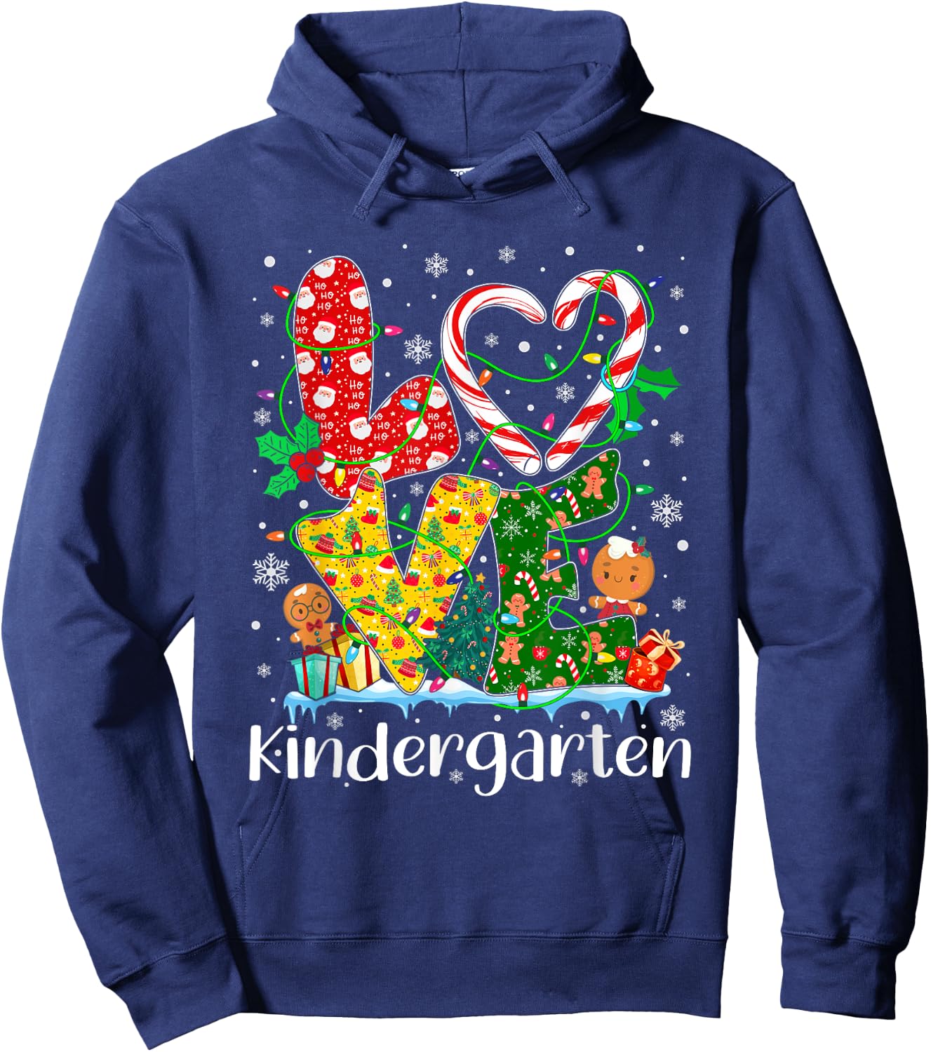 Love Kindergarten Teacher Xmas Gingerbread Christmas Pajamas Hoodie - Hoodie | Navy